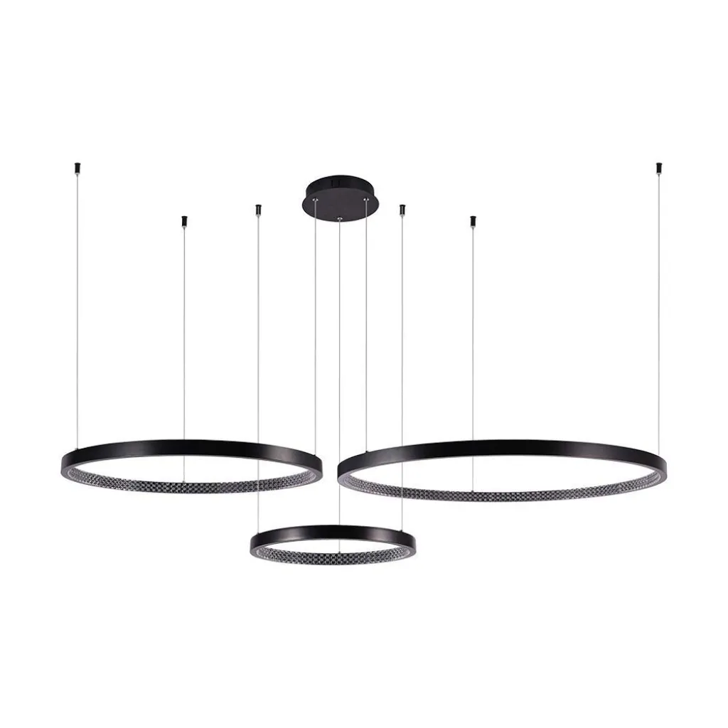Lampadario LED a Sospensione con 3 Cerchi 57W in Metallo Colore Nero 151x91x108cm 3000K, vista frontale