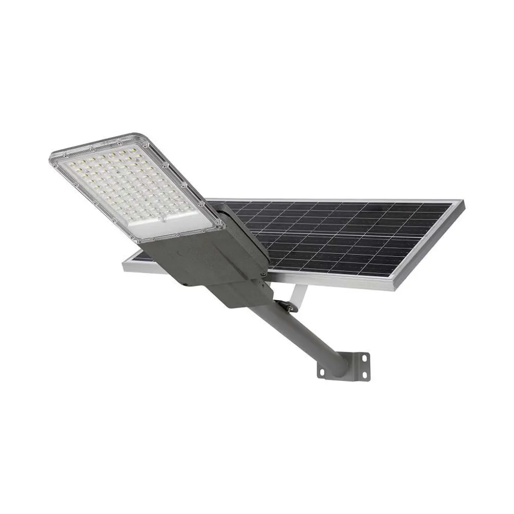 Armatura Stradale Chip Bridgelux con Pannello Solare 35W Batteria LifePO4 3.2V Colore Grigio 4000K, vista angolata