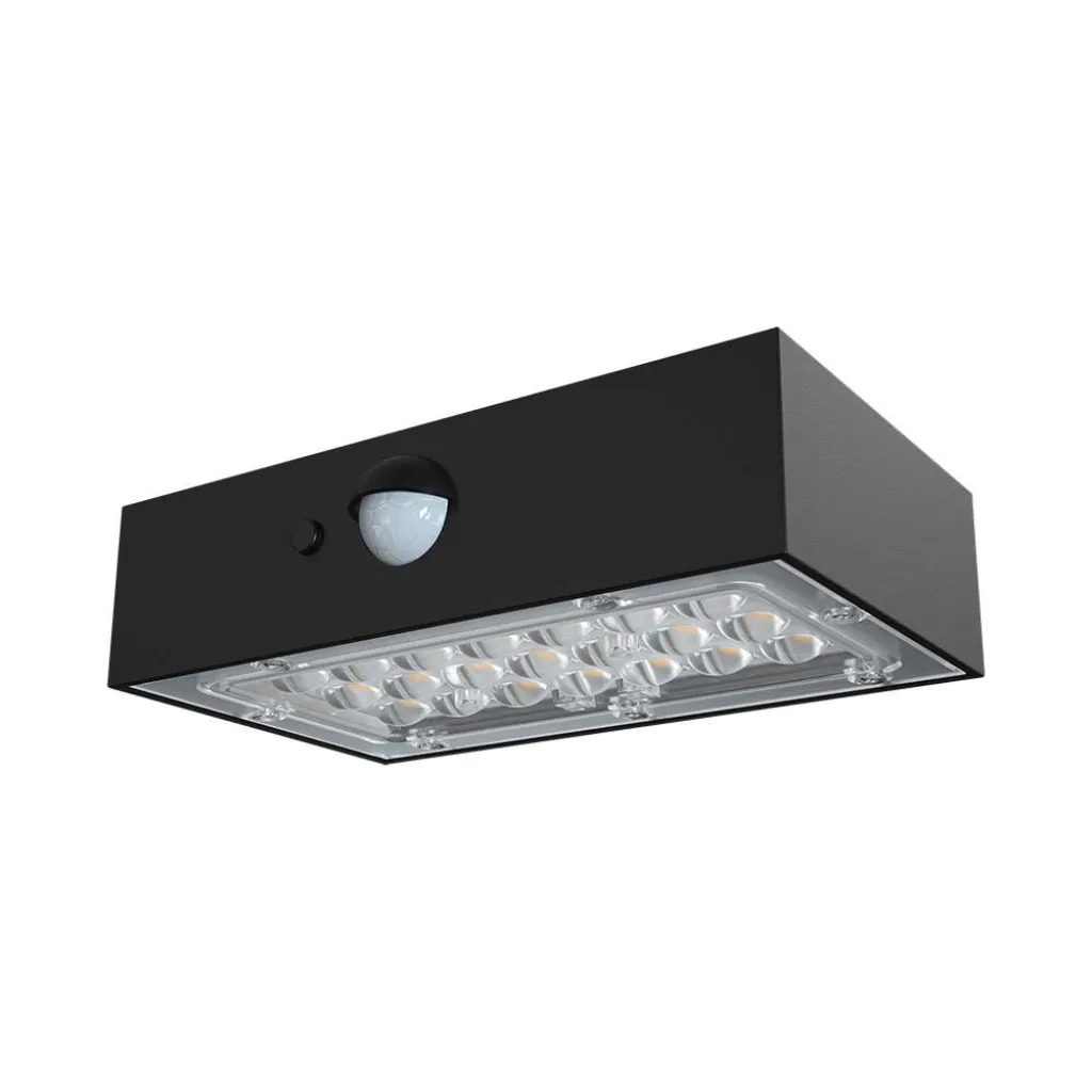 Lampada LED da Muro 3W Con Pannello Solare e Sensore PIR Colore Nero 3000+4000K, vista angolata frontale