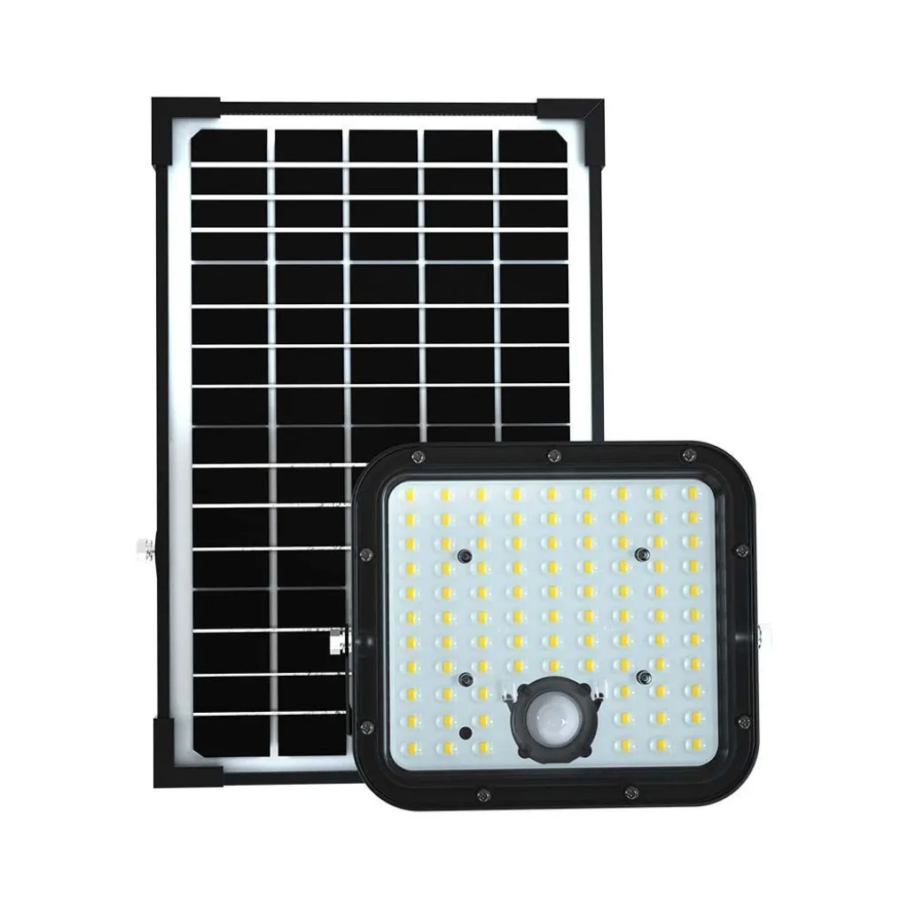 Faro LED con Pannello Solare 30W Telecomando Nero 6400K, vista generale dei componenti