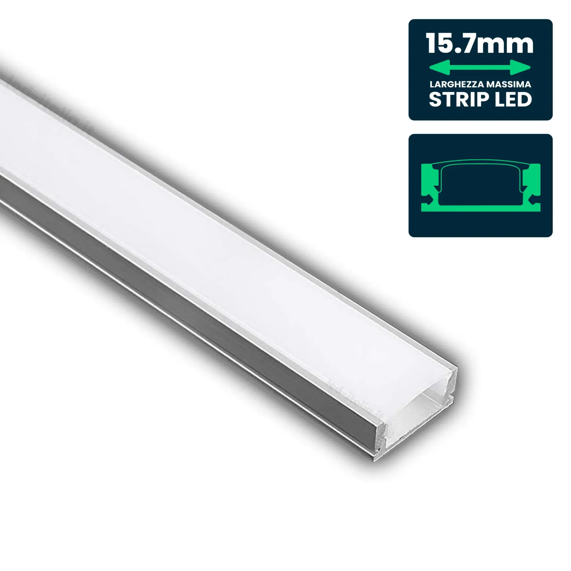 Profilo Lineare per Strip LED fino a 15.7mm, Alluminio Silver con Copertura Opaca 2000x17.6x6.9mm, vista angolata