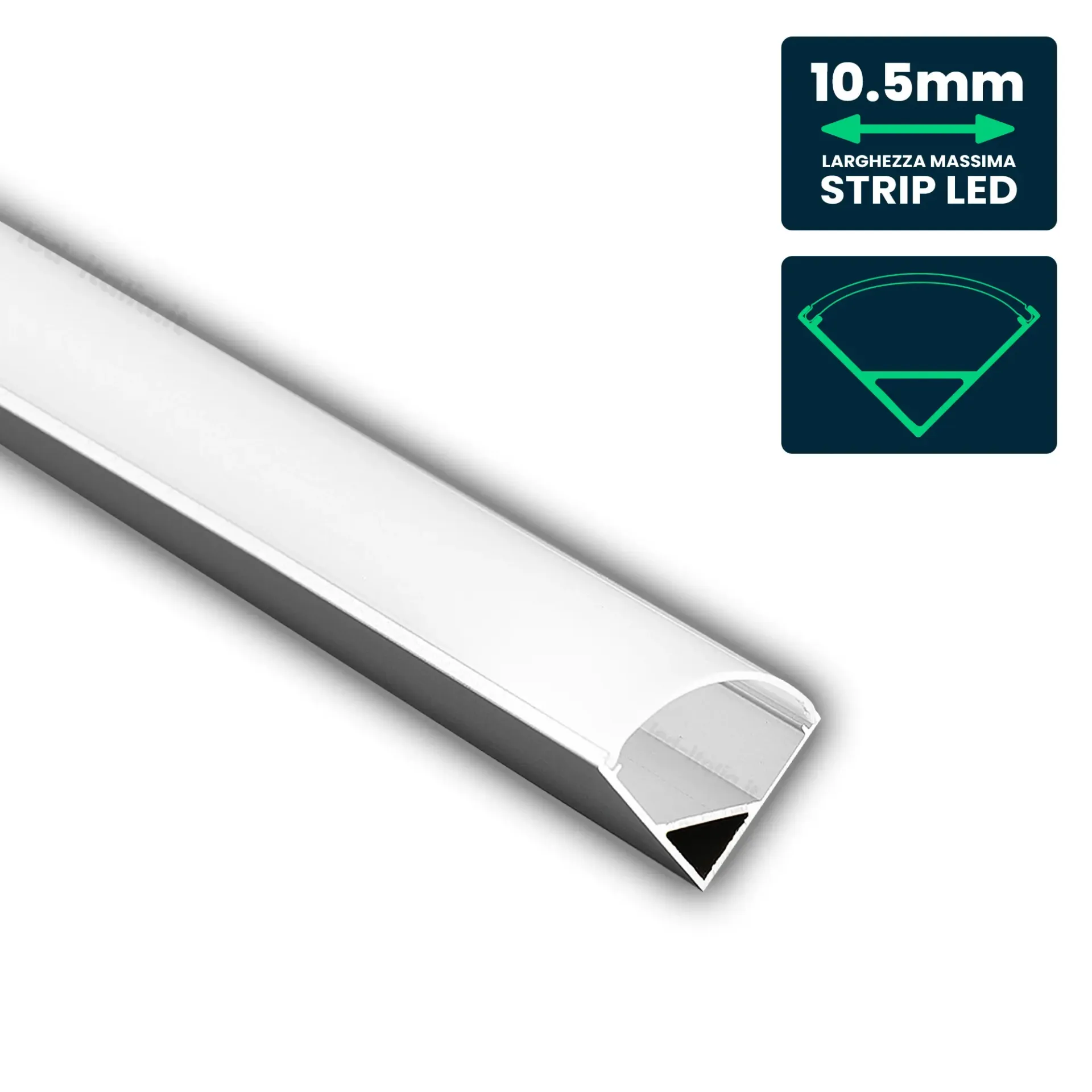 Profilo Angolare per Strip LED fino a 10.5mm, Alluminio Silver con Copertura Opaca 2000x15.8x15.8mm, vista angolata