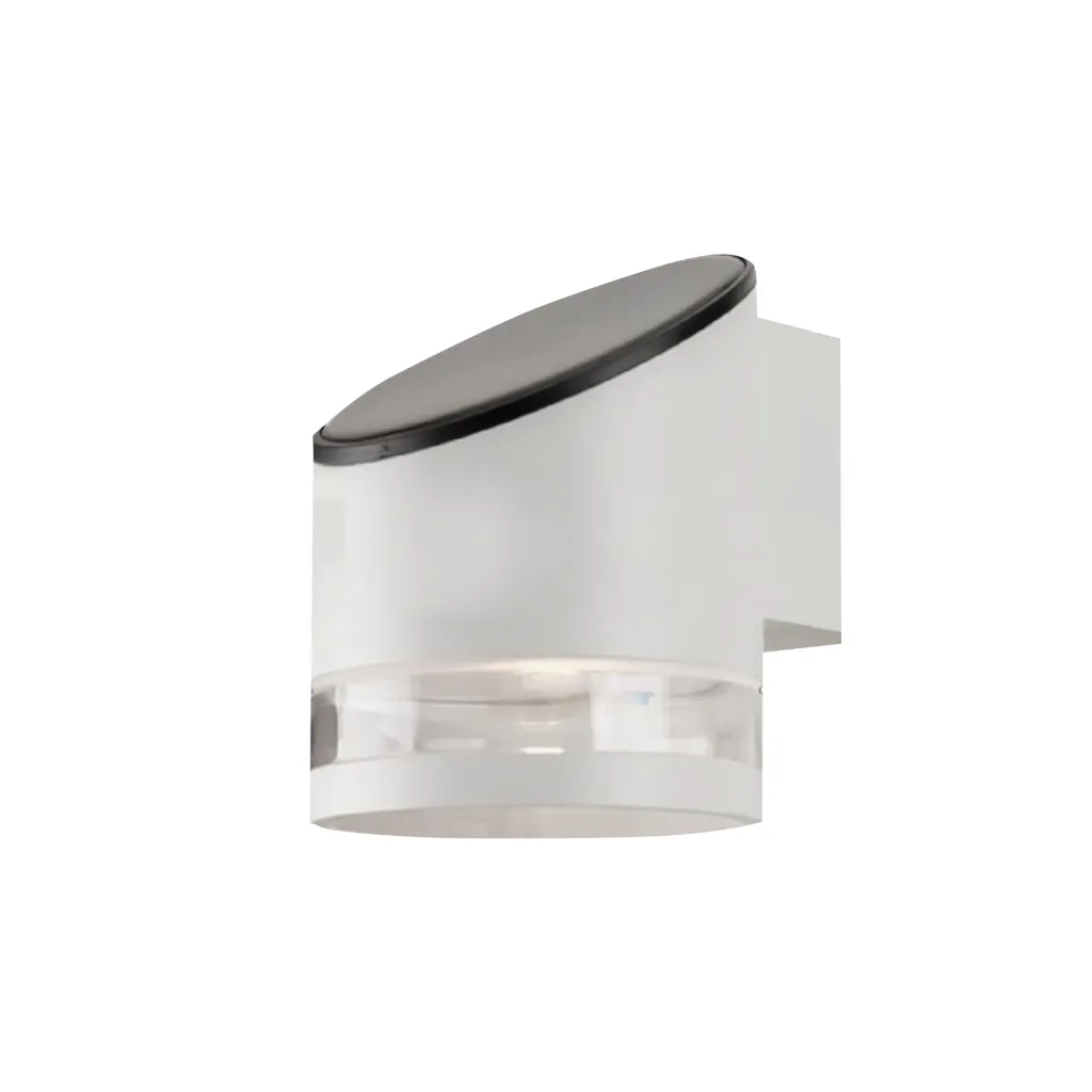 Lampada LED da Giardino Cilindrica con Pannello Solare 1W Corpo Bianco 121x90x112.5mm 3000K, vista frontale angolata