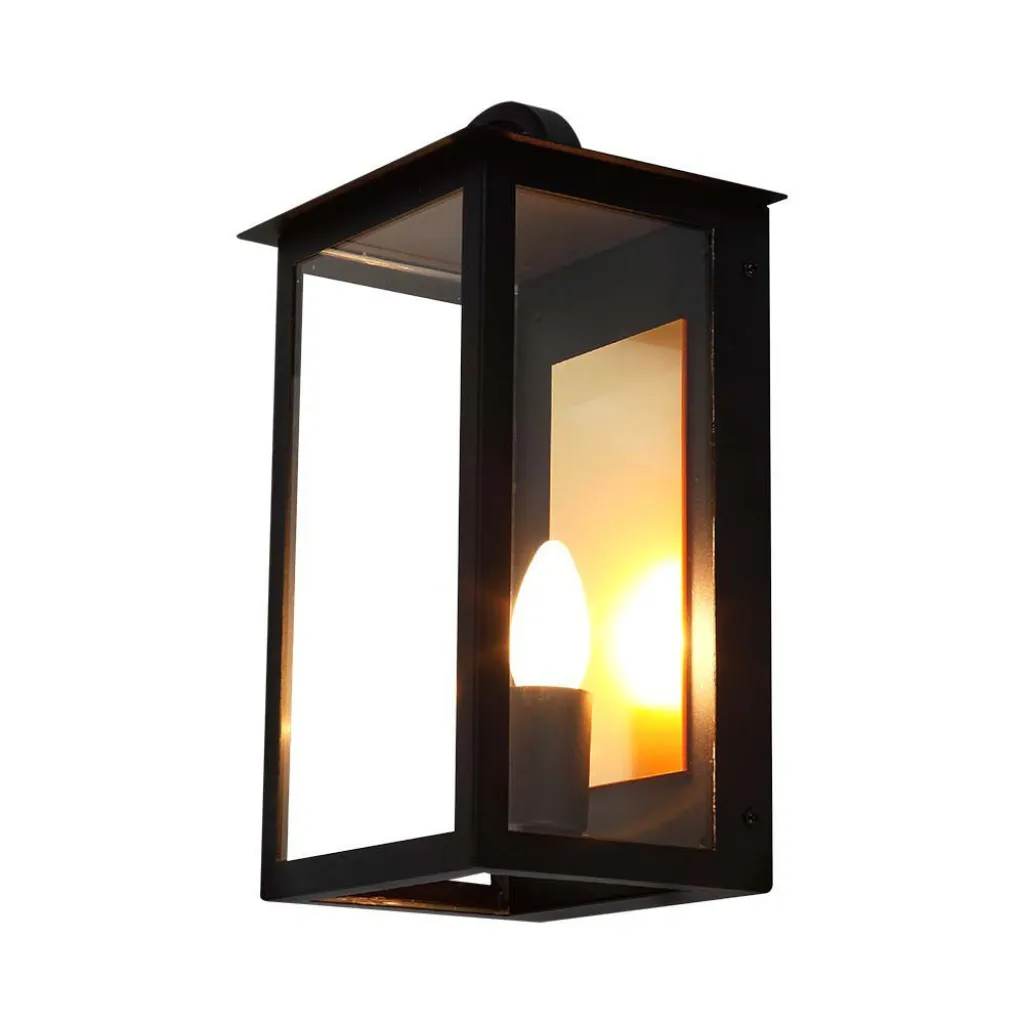 Lampada LED da Muro a Lanterna 200x168x350mm con Portalampada E14 (Max 30W) Colore Nero, vista angolata accesa