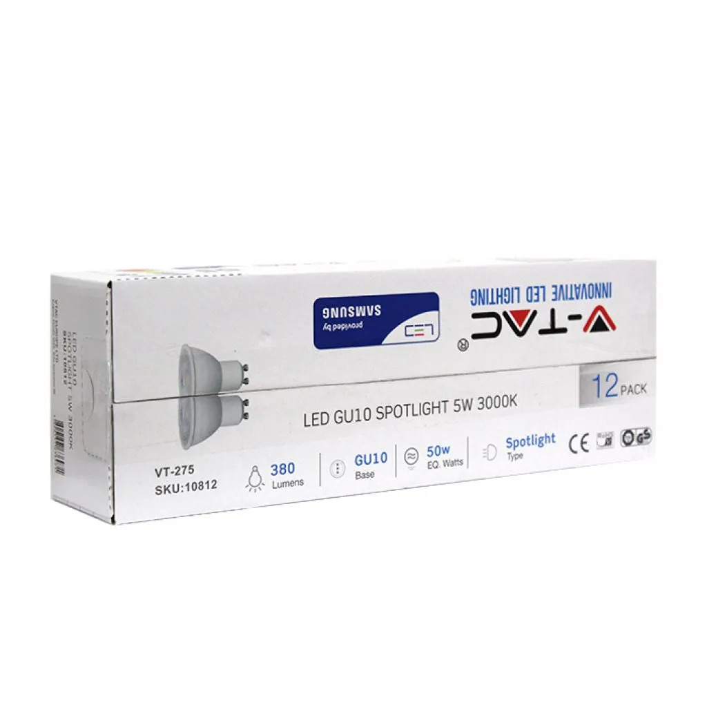 Faretto Led Chip Samsung Gu10 5W 38 3000K Box 12 Pezzi, vista angolata della scatola