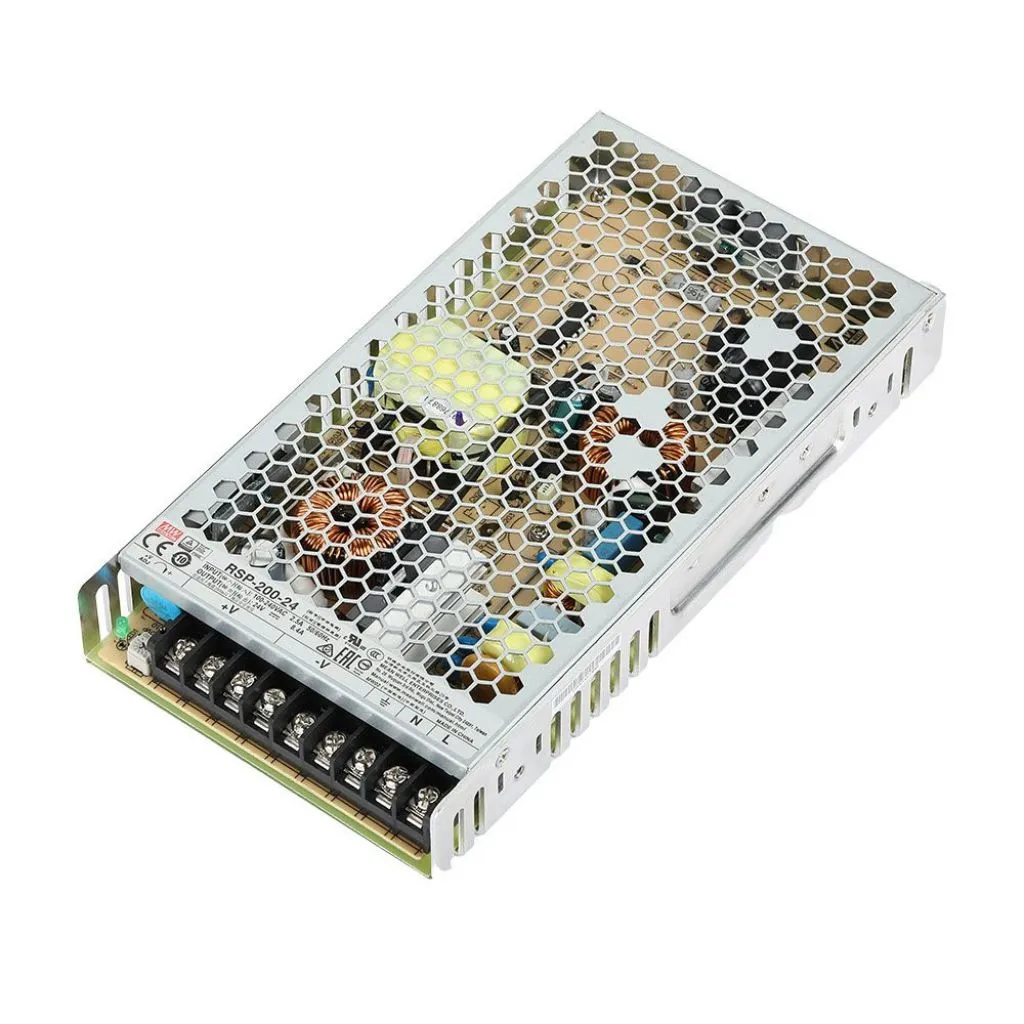 Trasformatore 200W 24V 8,4 A Compatibile con i Faretti da Binario Magnetici, vista angolata superiore