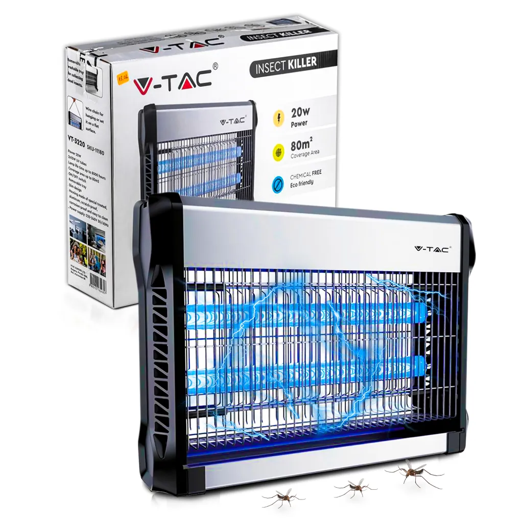 Zanzariera Elettrica UV con 2 Tubi T5 2x10W per Ambienti fino a 80mq, vista frontale con scatola