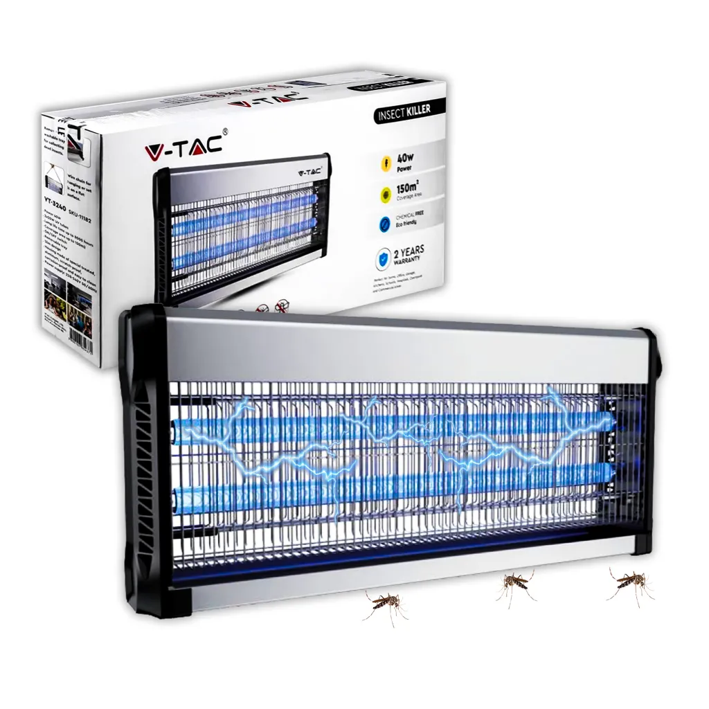 Zanzariera Elettrica UV con 2 Tubi T5 2x20W per Ambienti fino a 150mq, vista frontale con scatola