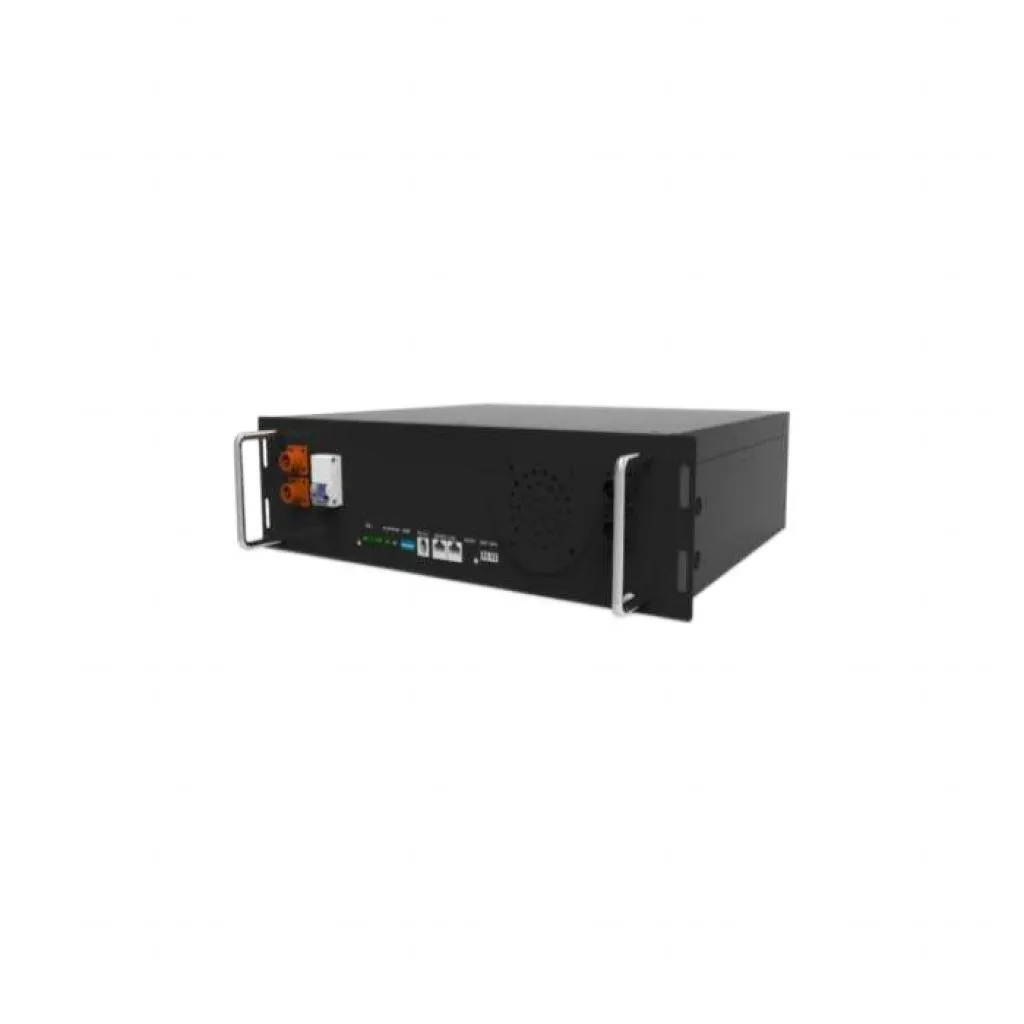Batteria di Accumulo 5.12kWh al Litio-Ferro-Fosfato LiFePO4 BMS Integrato Modulo da Rack per Inverter Fotovoltaici CEI 0-21 51.2V 100Ah, vista frontale angolata