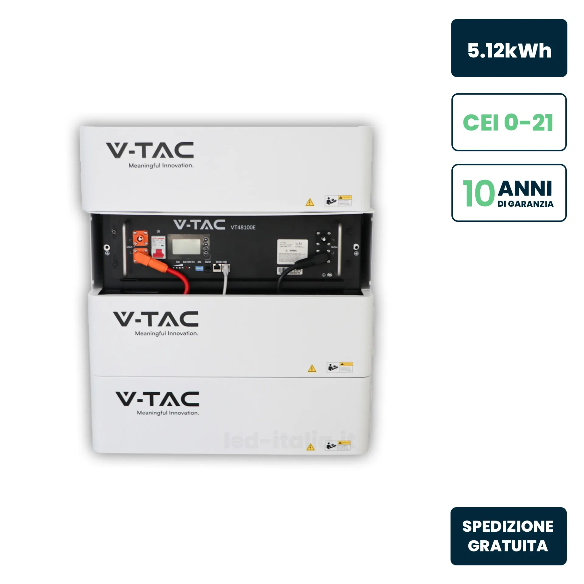 Kit Batteria di Accumulo 5.12kWh LiFePO4 BMS Integrato per Inverter Fotovoltaici 51.2V 100Ah con Modulo Armadio Rack e Copertura, vista frontale