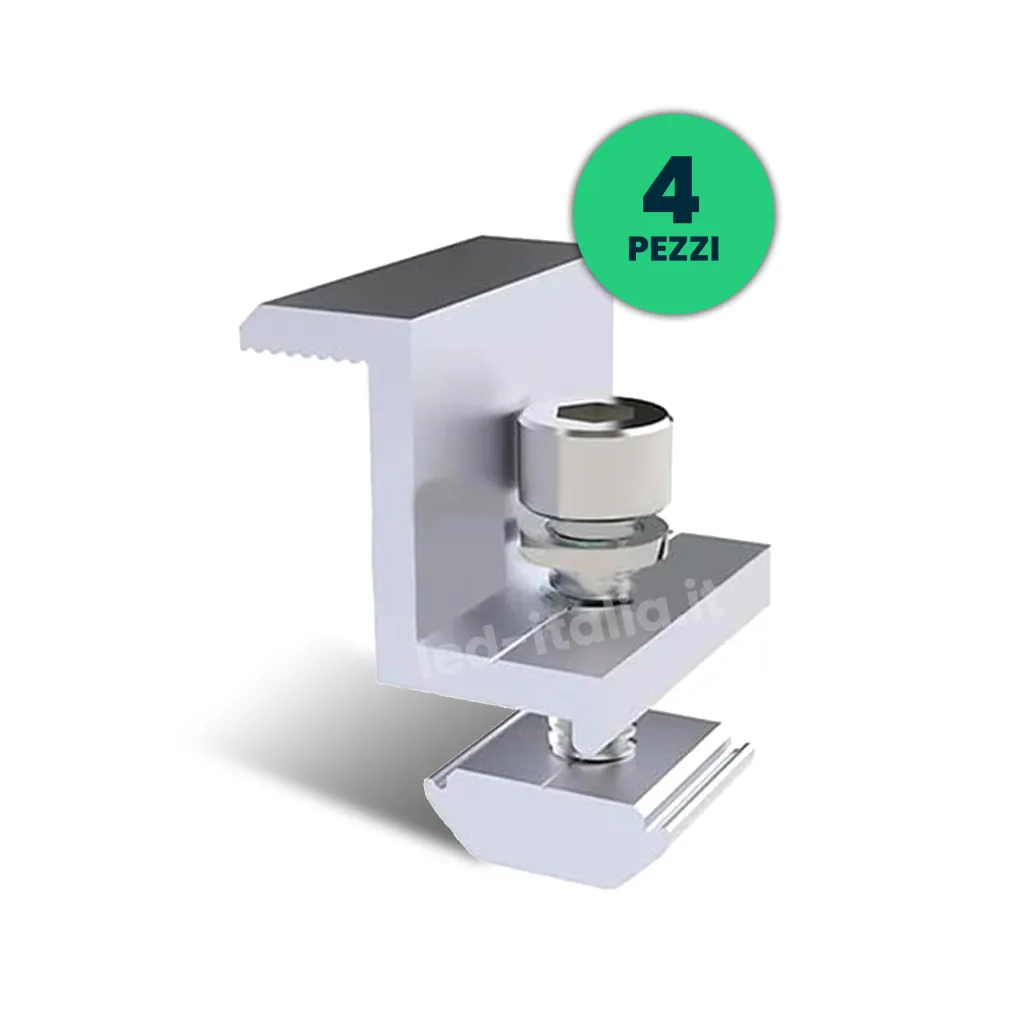 A - Morsetti Terminali in Alluminio per Fissaggio Pannelli Solari Fotovoltaici 30mm (Confezione 4 Pezzi), vista angolata frontale