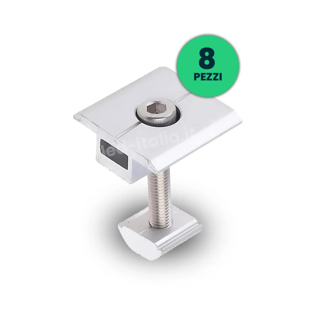 A - Morsetti Centrali in Alluminio per Fissaggio Pannelli Solari Fotovoltaici 30mm (Confezione 8 Pezzi), vista angolata