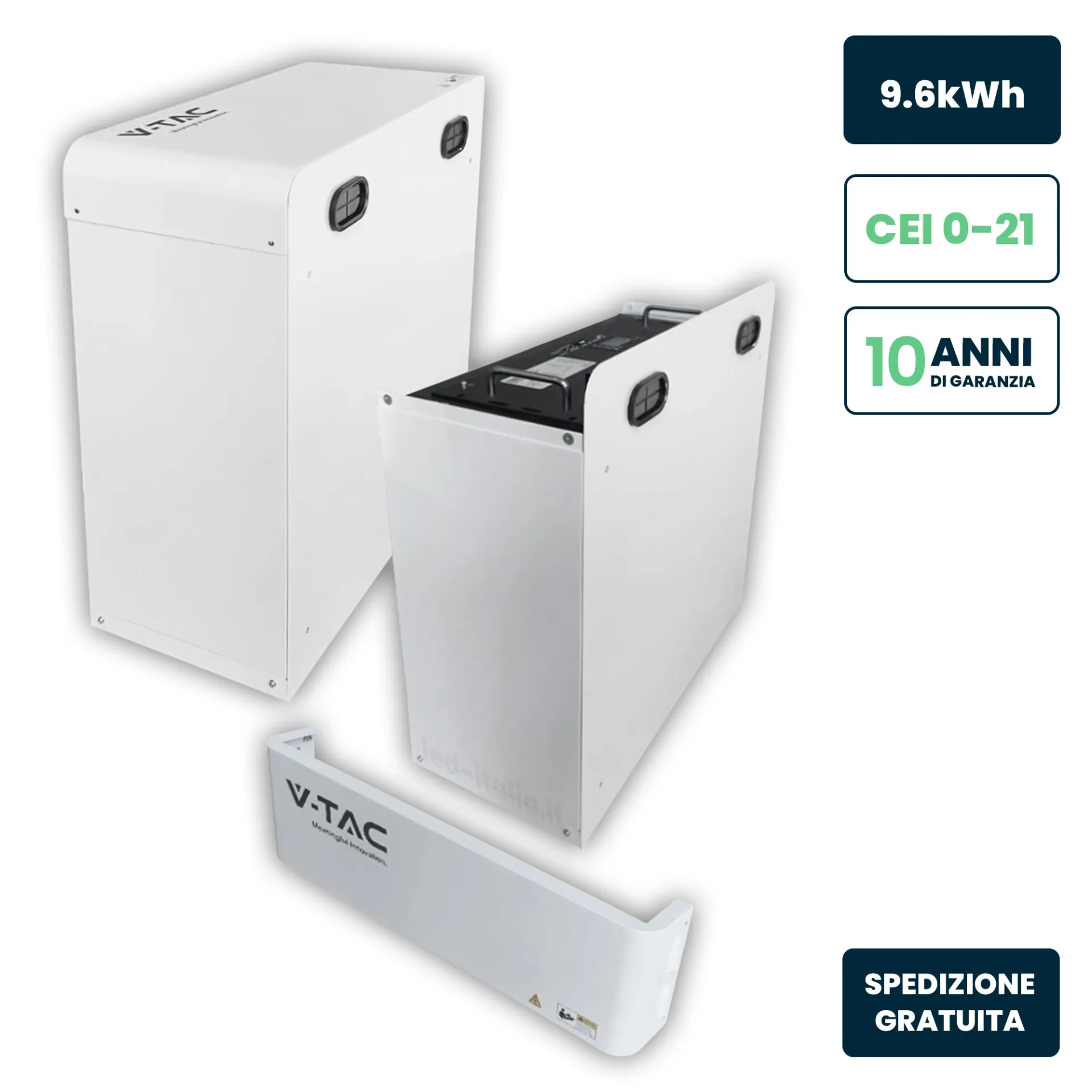 Kit Batteria di Accumulo 9.6kWh LiFePO4 BMS Integrato per Inverter Fotovoltaici 48V 200Ah con Modulo Armadio Rack e Copertura, vista componenti