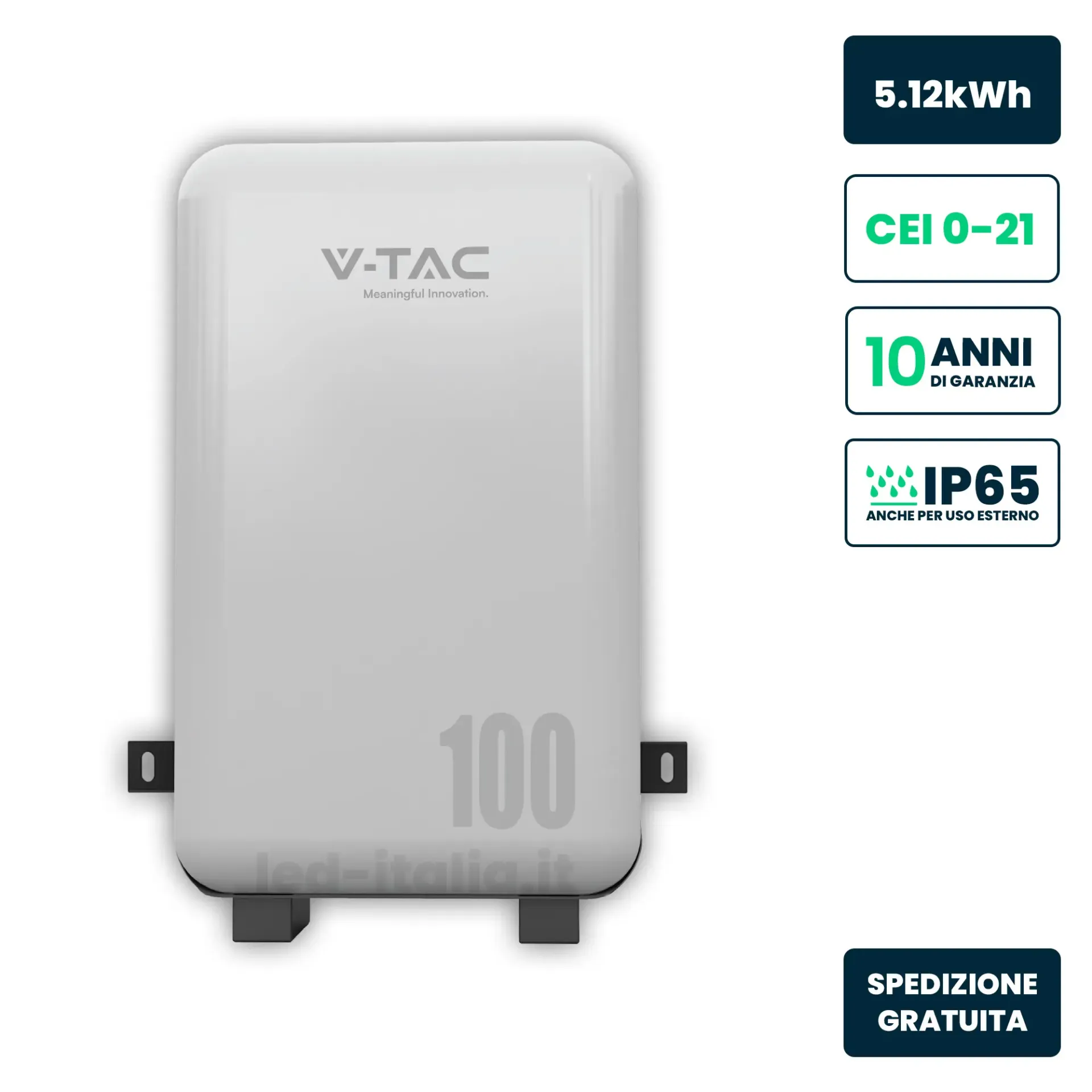 Batteria di Accumulo 5.12kWh al Litio-Ferro-Fosfato LiFePO4 BMS Integrato per Inverter Fotovoltaici CEI 0-21 51.2V 100Ah, vista frontale