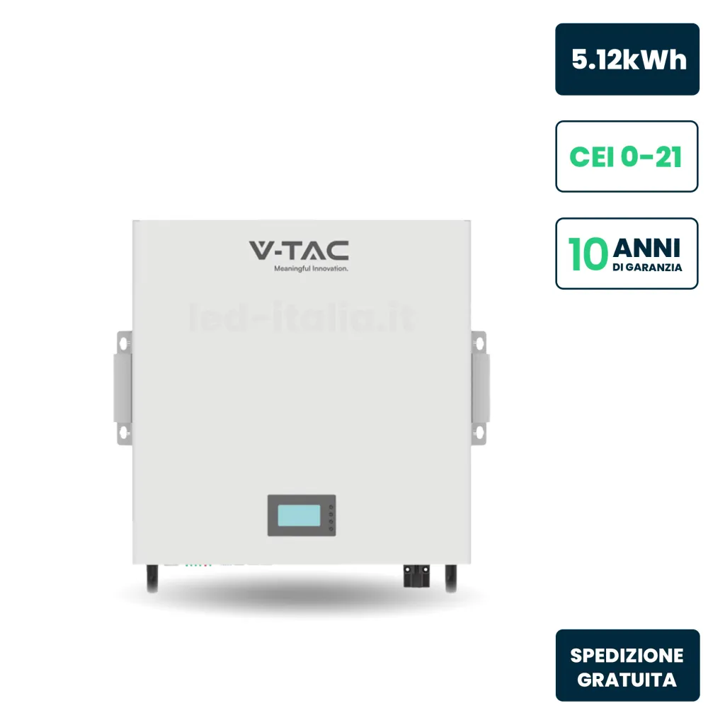 Batteria di Accumulo 5.12kWh al Litio-Ferro-Fosfato LiFePO4 BMS Integrato per Inverter Fotovoltaici CEI 0-21 51.2V 100Ah, vista frontale