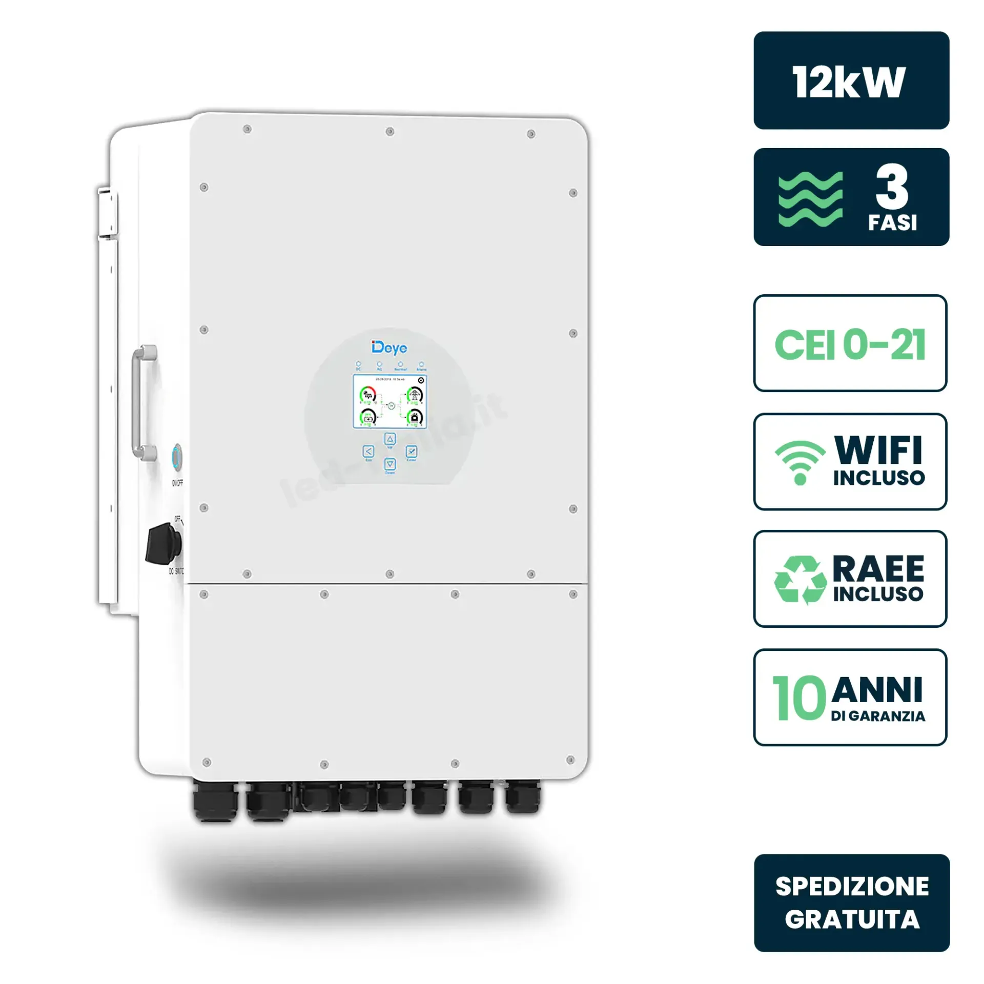 Inverter Fotovoltaico Deye Trifase Ibrido OnGrid-OffGrid 12kW Doppio MPPT CEI 021 Schermo LCD Touch WiFi e TA Inclusi, vista frontale