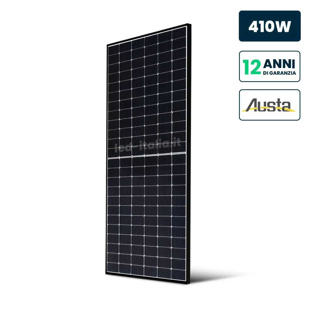 Modulo Fotovoltaico Austa 410W Black Frame 1722X1134X35Mm, vista frontale angolata