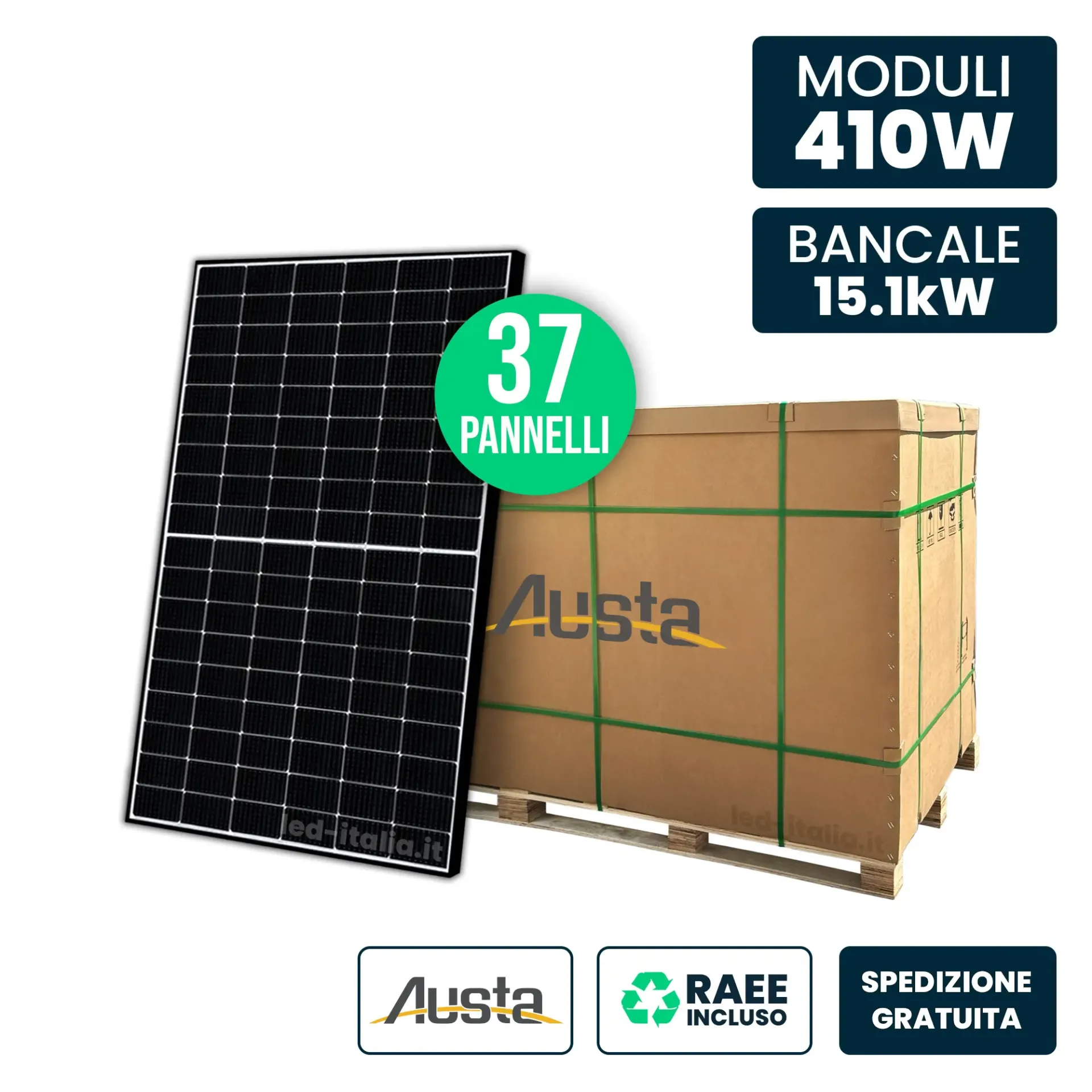 Bancale 15.1kW con 37 Pannelli Solari 410W AUSTA PERC Black Frame 1762x1134x30mm, vista generale
