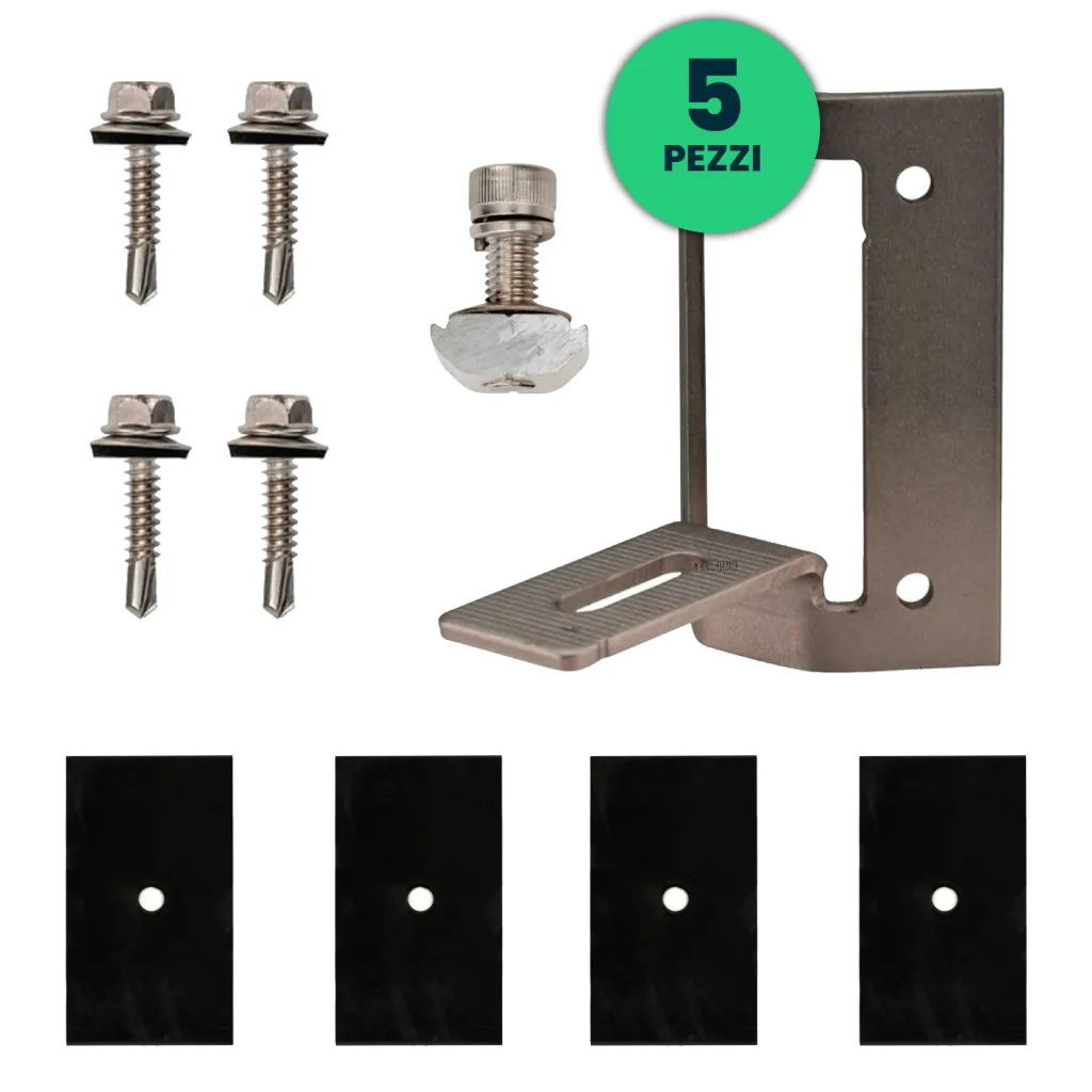 Staffe di Acciaio per Fissaggio Pannelli Solari Fotovoltaici su Lamiera Grecata o Tetto Coibentato 5pz, vista generale componenti