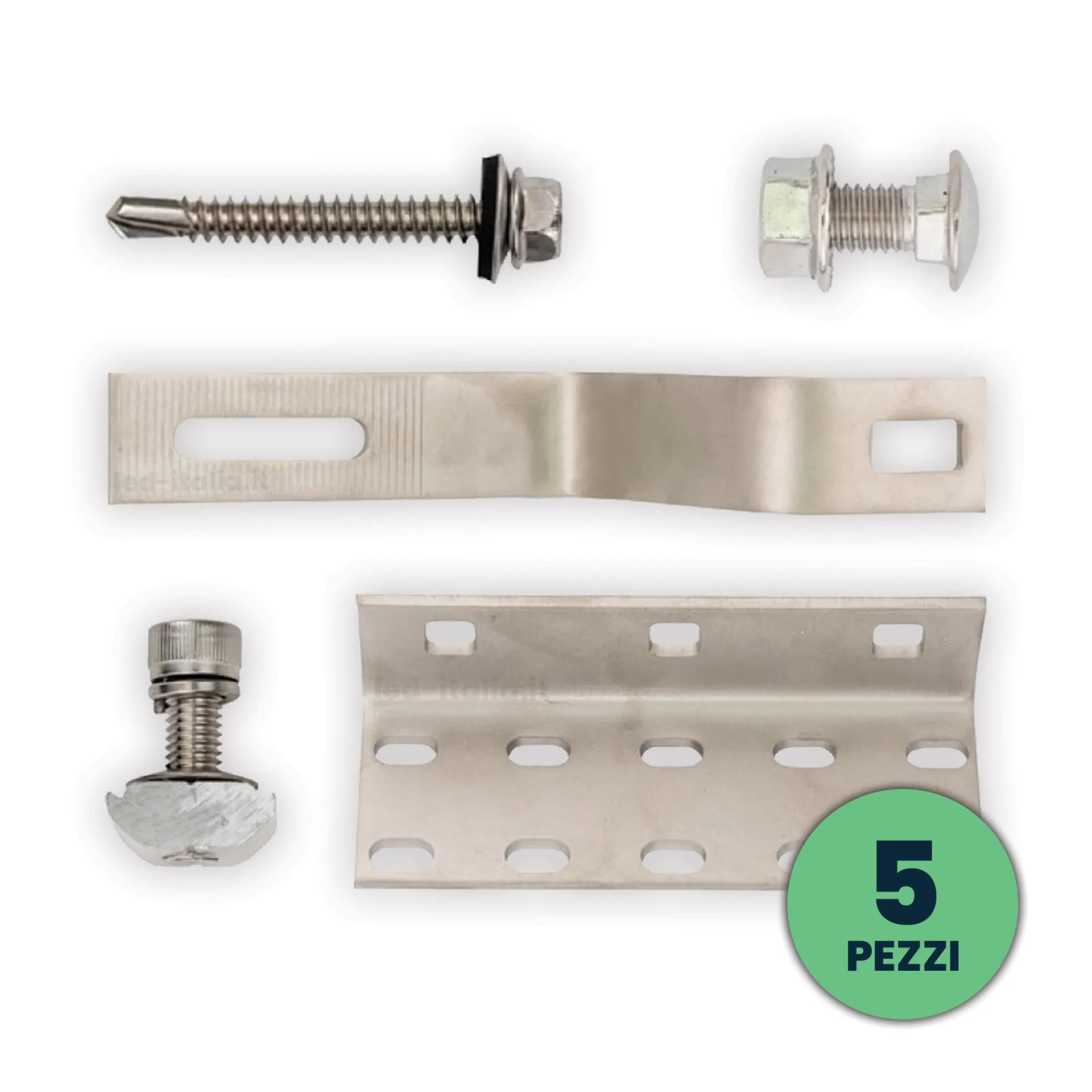 Ganci Regolabili per Fissaggio Pannelli Solari Fotovoltaici su Tetto in Cemento (Confezione 5 Pezzi), vista dall'alto dei componenti