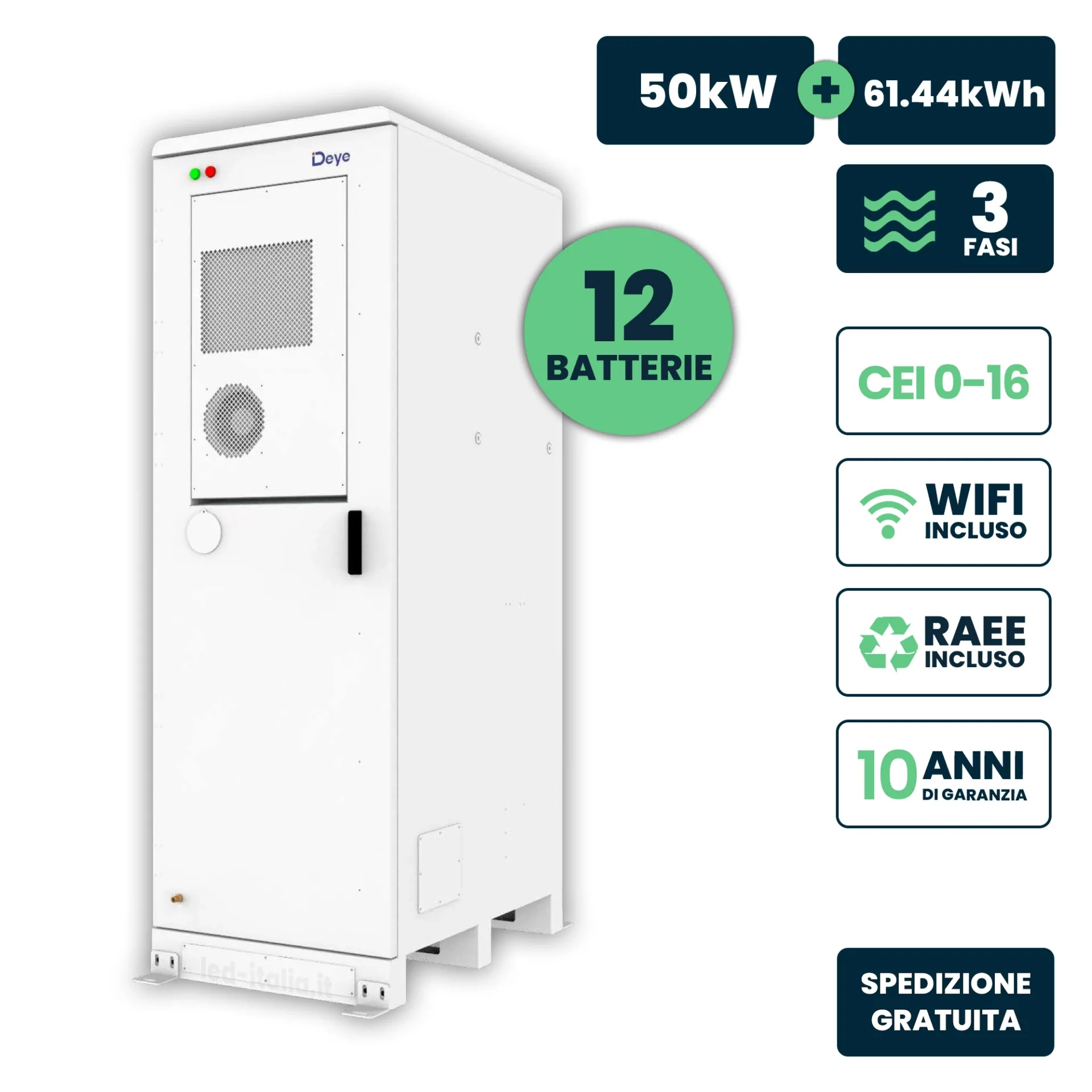 Kit Rack Batterie di Accumulo Deye con Armadio 12x5kWh LFP in Serie BMS Alta Tensione Integrato Batterie HV Box Cavi Struttura 51.2V 100Ah 61.44kWh, vista frontale angolata