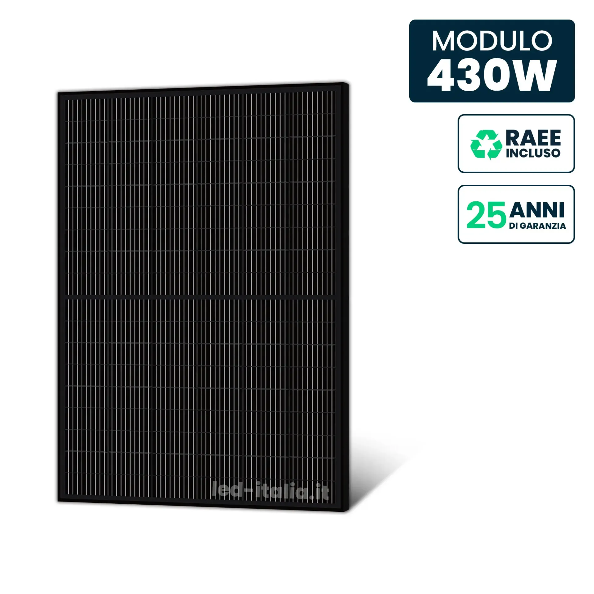 Pannello Solare 430W N-Type TOPCon Full Black 1722x1134x30mm, vista frontale angolata