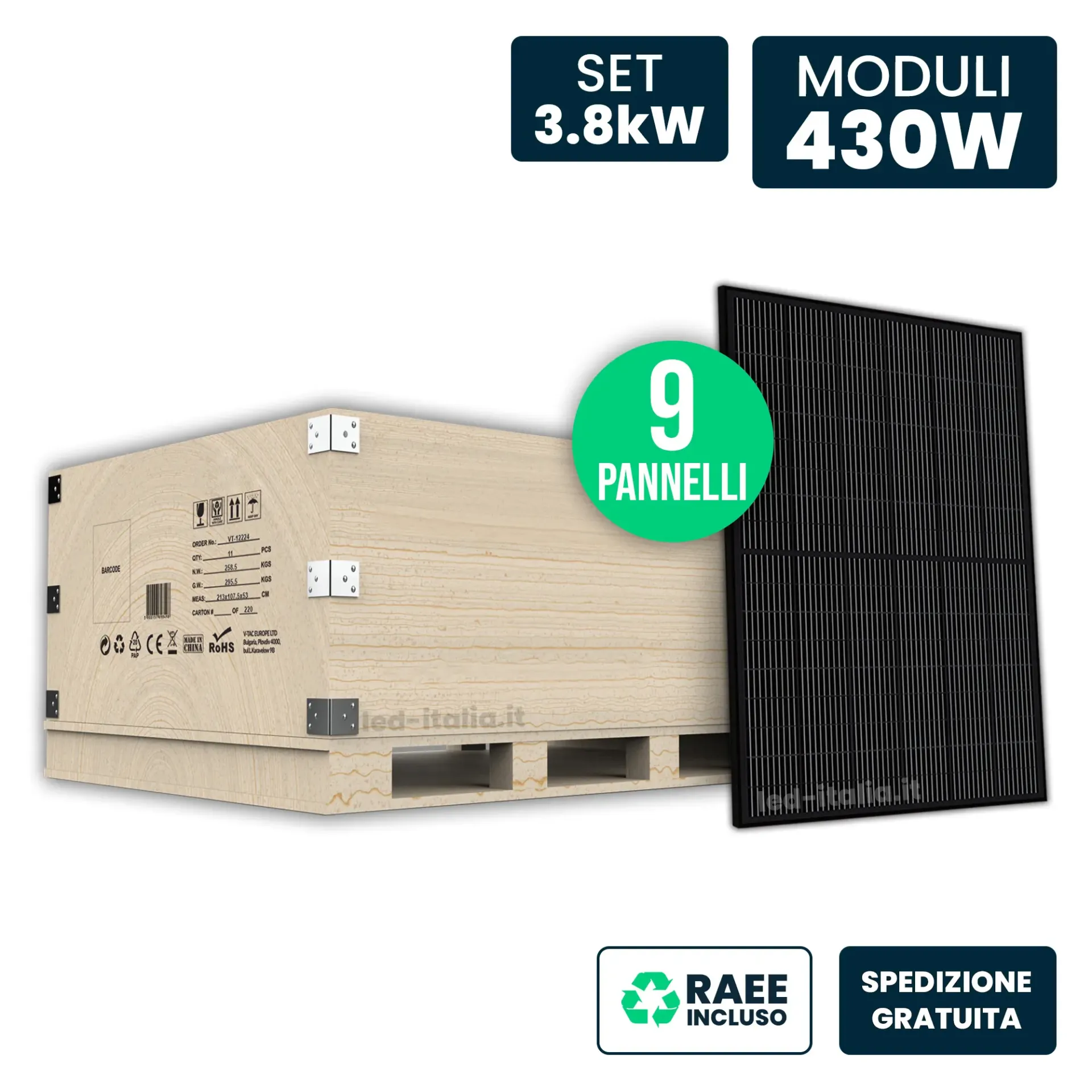 Set 3.8kW con 9 Pannelli Solari 430W N-Type TOPCon Full Black 1722x1134x30mm, vista generale del set