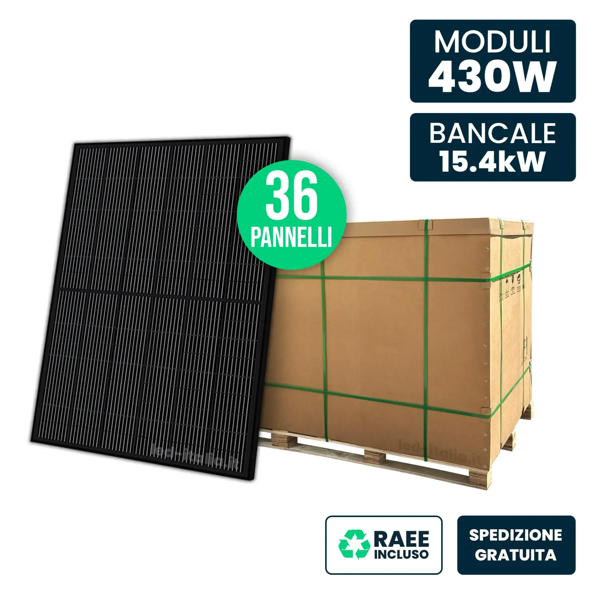 Bancale 15kW con 36 Pannelli Solari 430W N-Type TOPCon Full Black 1722x1134x30mm, vista generale con imballo