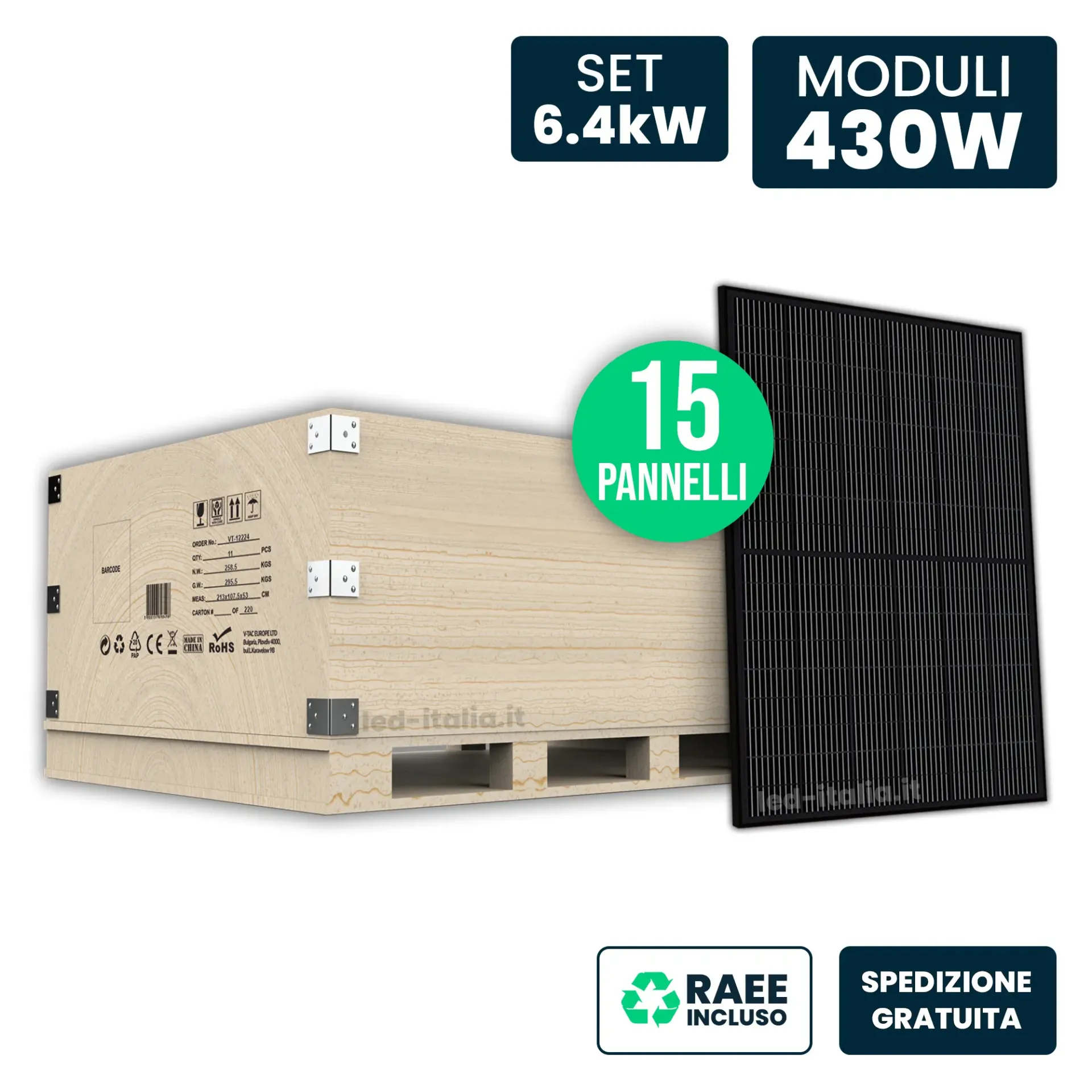 Set 6.4kW con 15 Pannelli Solari 430W N-Type TOPCon Full Black 1722x1134x30mm, vista generale prodotto