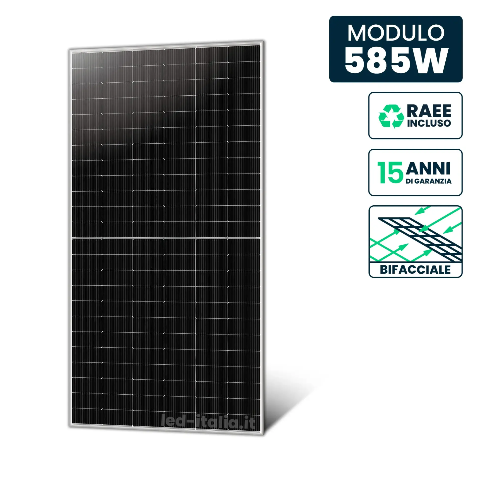 Pannello Solare 585W Bifacciale TIER-1 N-Type TOPCon Silver 2278x1134x30mm, vista frontale
