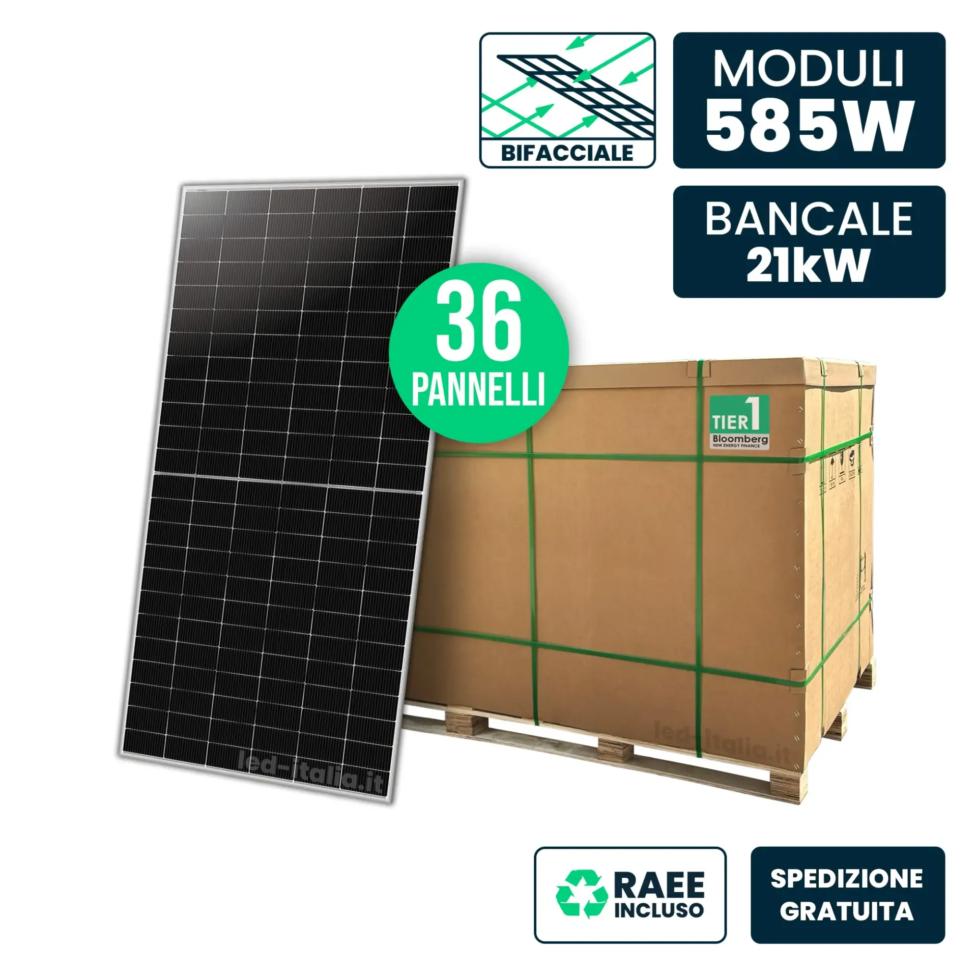 Bancale 21kW con 36 Pannelli Solari 585W Bifacciale TIER-1 N-Type TOPCon Silver 2278x1134x30mm, vista generale del prodotto