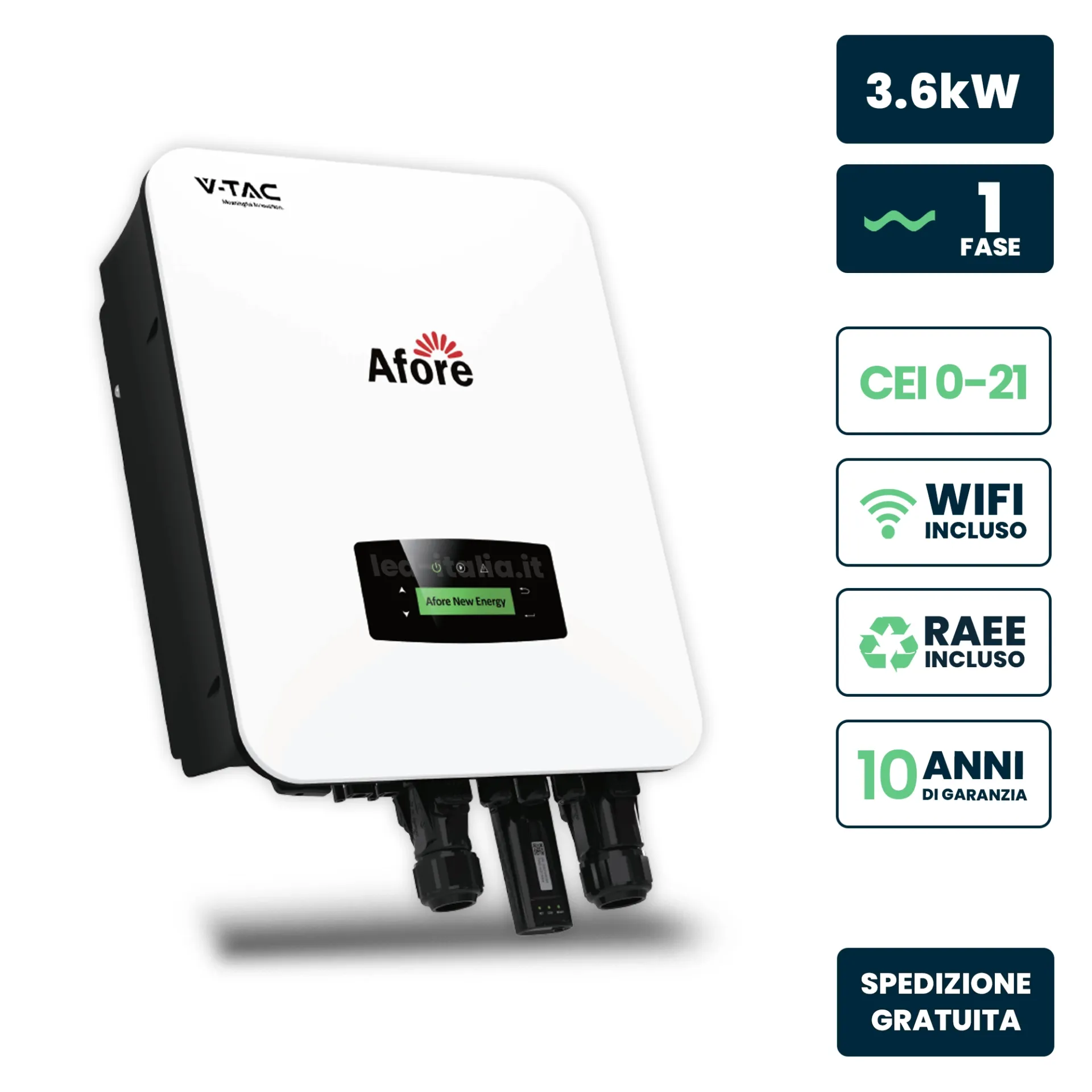 Inverter Afore Monofase Ibrido 3.6kW CEI 0-21, vista angolata frontale