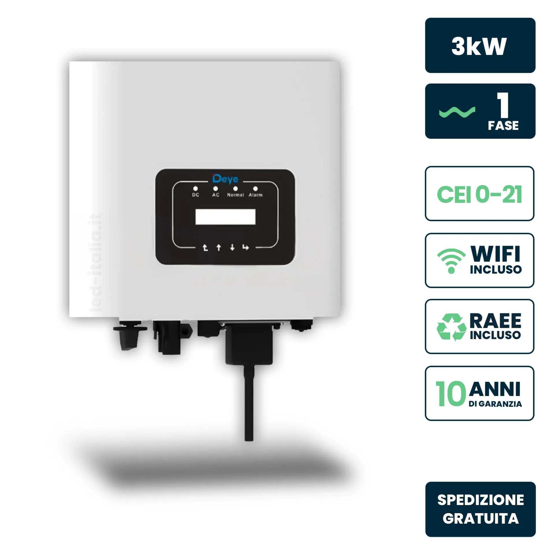 Inverter Fotovoltaico di Stringa Monofase Deye 3kW 1 MPPT CEI 0-21 WiFi, vista frontale