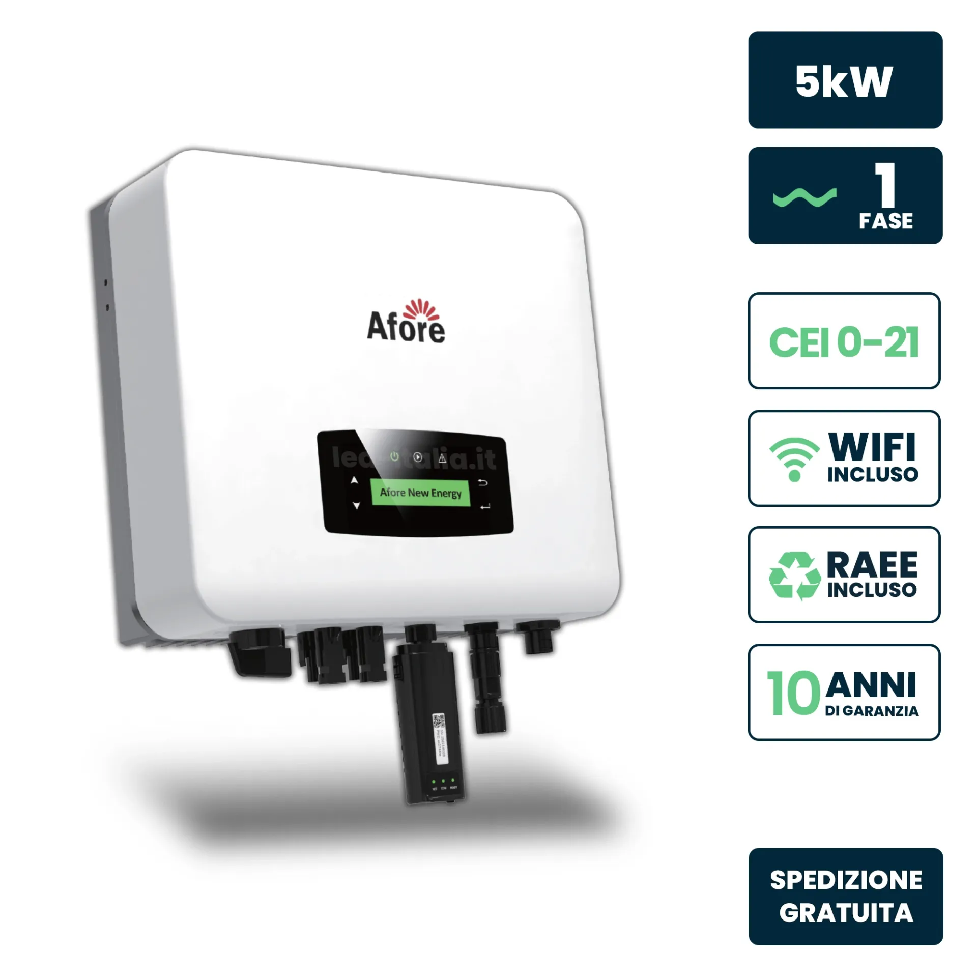 Inverter Fotovoltaico di Stringa Monofase Afore 5kW 2 MPPT WiFi CEI 0-21, vista frontale angolata