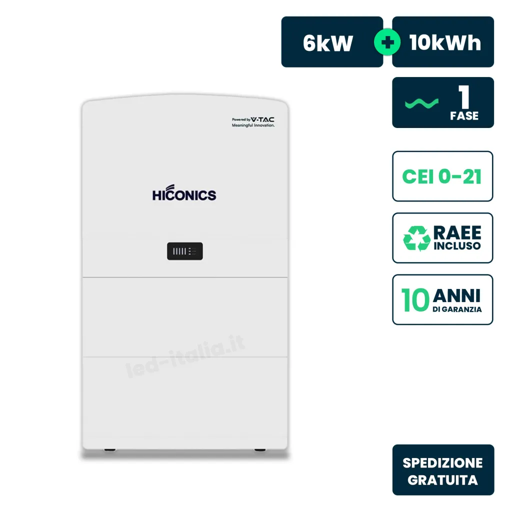 Inverter Fotovoltaico Hiconics Midea Monofase Ibrido Alta Tensione 6kW All In One con Accumulo LFP 10kWh 2 MPPT CEI 021 WiFi Meter, vista frontale
