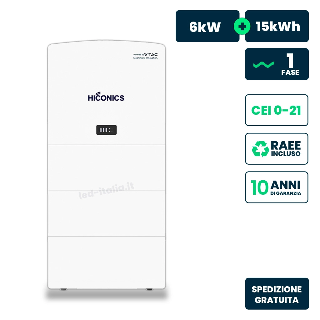 Inverter Fotovoltaico Hiconics Midea Monofase Ibrido Alta Tensione 6kW All In One con Accumulo LFP 15kWh 2 MPPT CEI 021 WiFi Meter, vista frontale