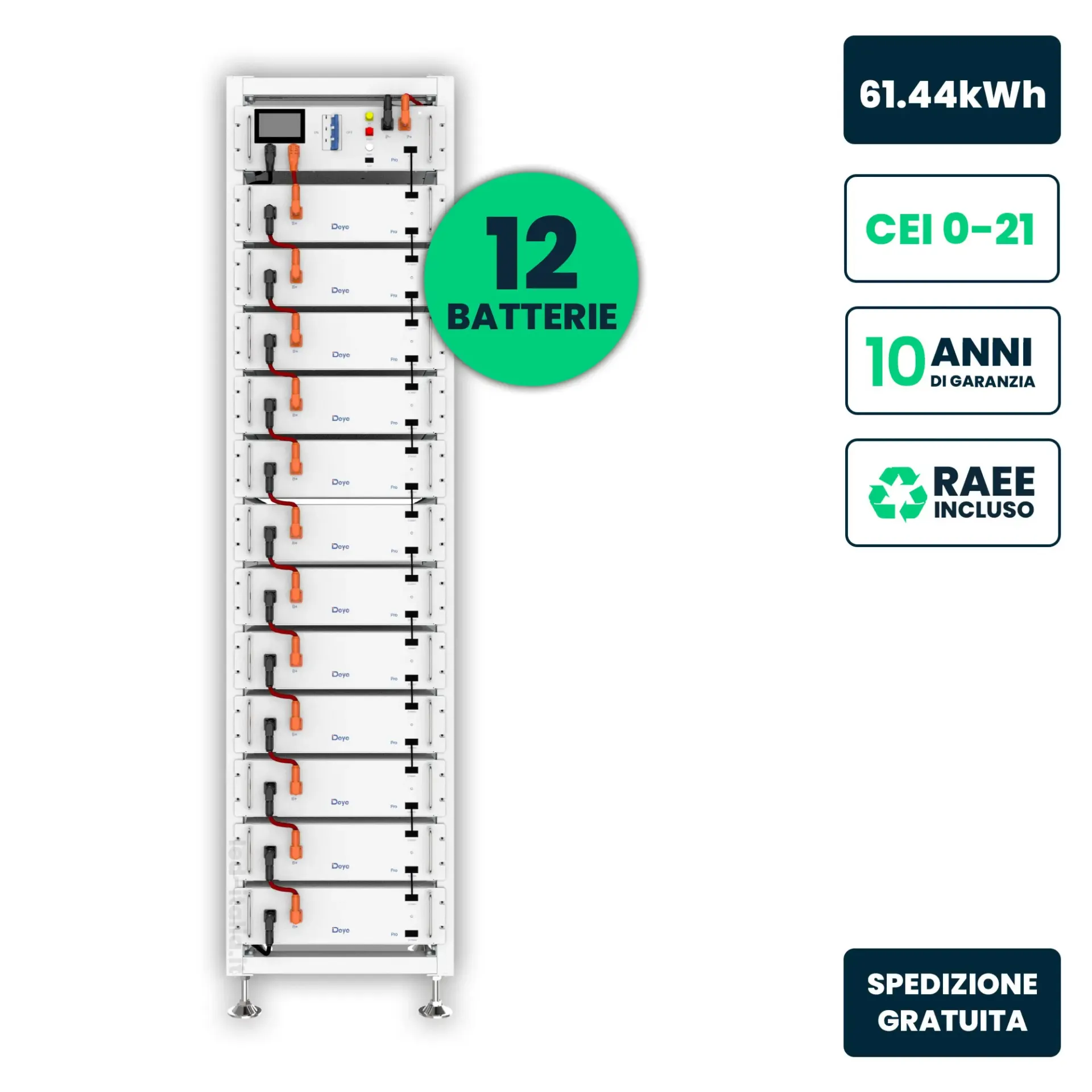 Kit Rack Moduli di Accumulo Deye Alta Tensione 61.44kWh LiFePO4 51.2V 100Ah con HV Box BMS Cavi Armadio, vista frontale