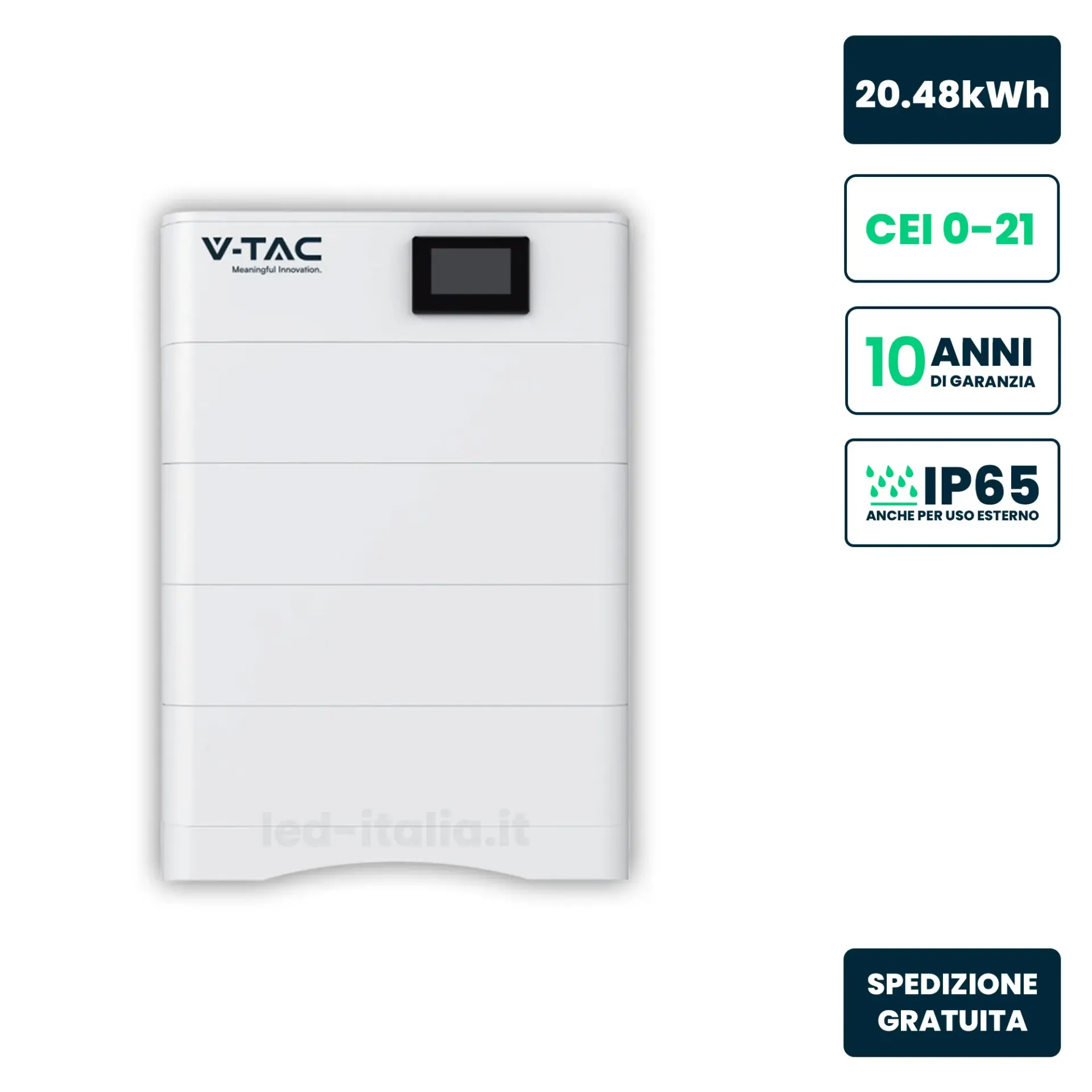 Kit 4 Moduli di Accumulo Impilabili Alta Tensione 20.48kWh LiFePO4 100Ah 2048V con Base e Box di Controllo BMS Inclusi, vista frontale