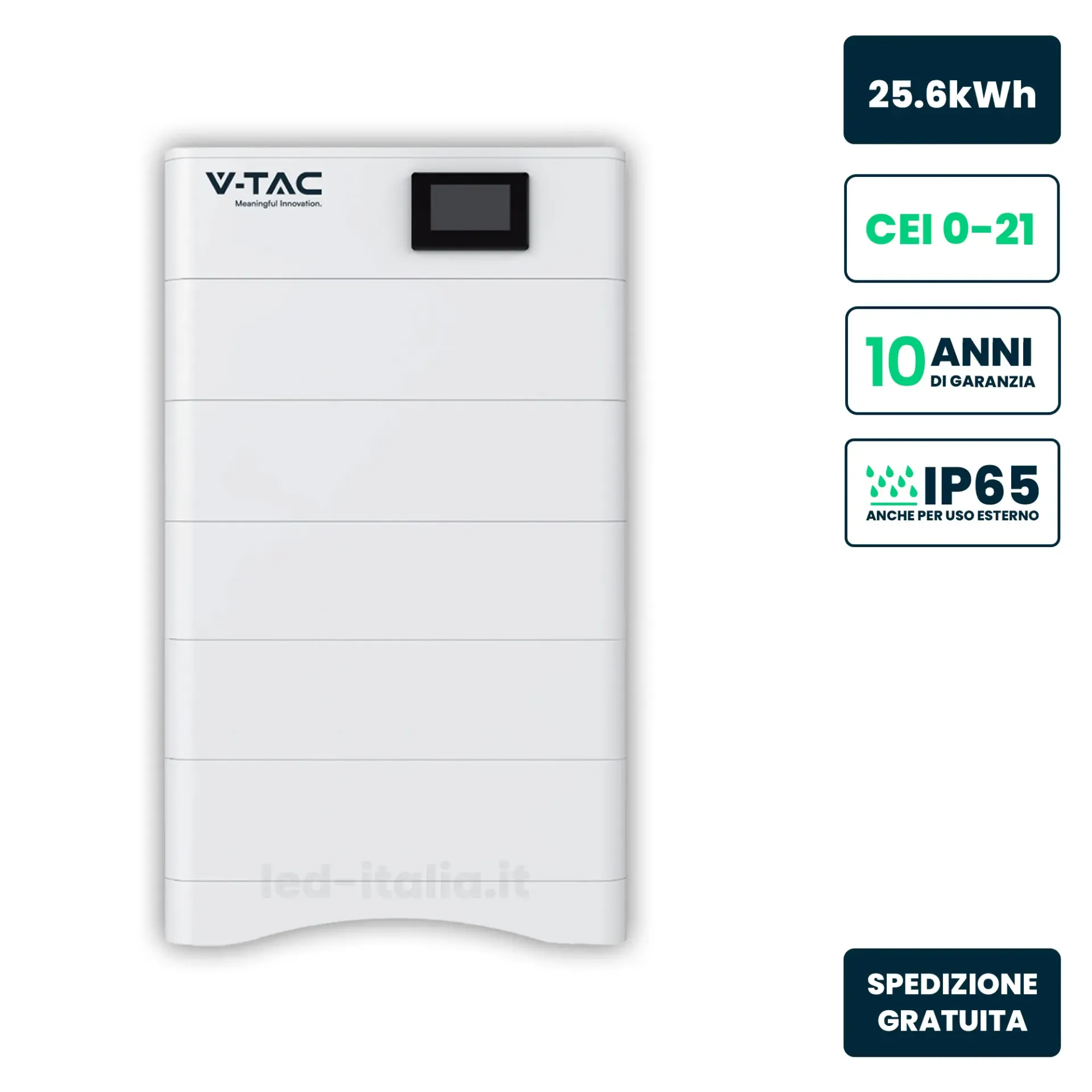 Kit 5 Moduli di Accumulo Impilabili Alta Tensione 25.6kWh LiFePO4 100Ah 2526V con Base e Box di Controllo BMS Inclusi, vista frontale verticale