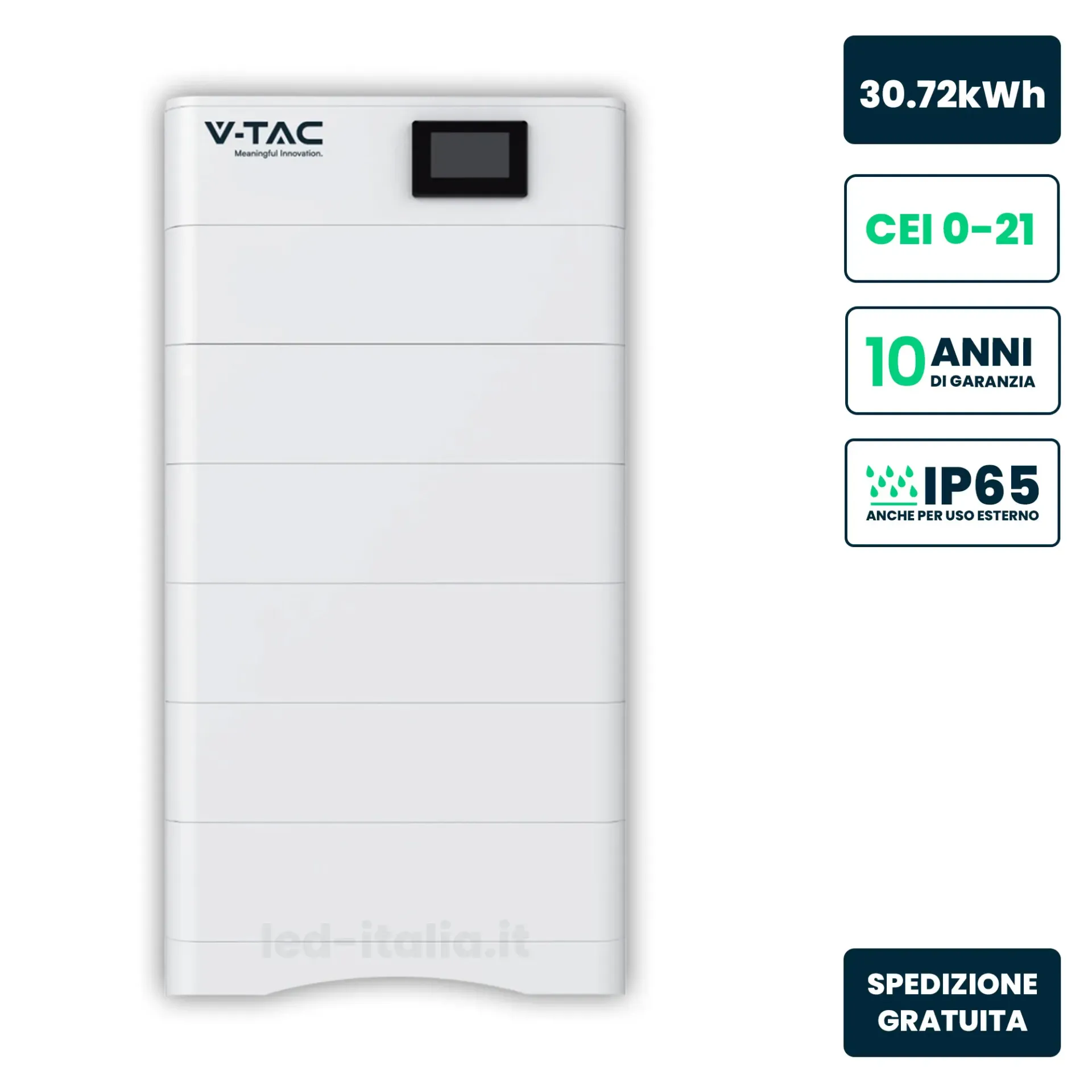 Kit 6 Moduli di Accumulo Impilabili Alta Tensione 30.72kWh LiFePO4 100Ah 3072V con Base e Box di Controllo BMS Inclusi, vista frontale