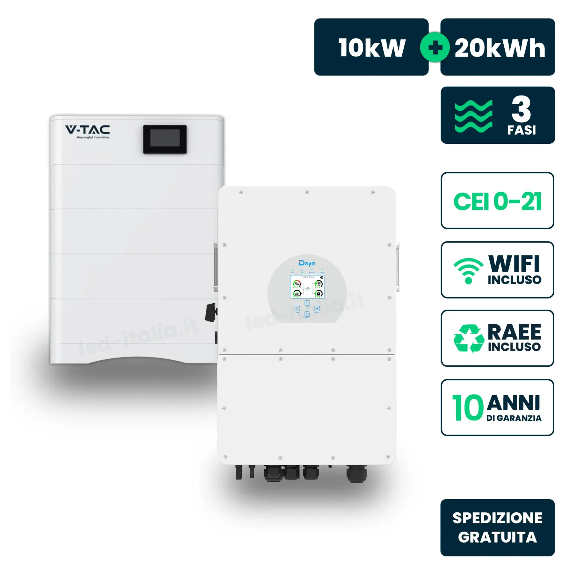 Kit Fotovoltaico Alta Tensione con Inverter Ibrido Trifase Deye 10kW e Accumulo LiFePO4 20.48kWh BMS TA WiFi Inclusi CEI 0-21, vista frontale generale
