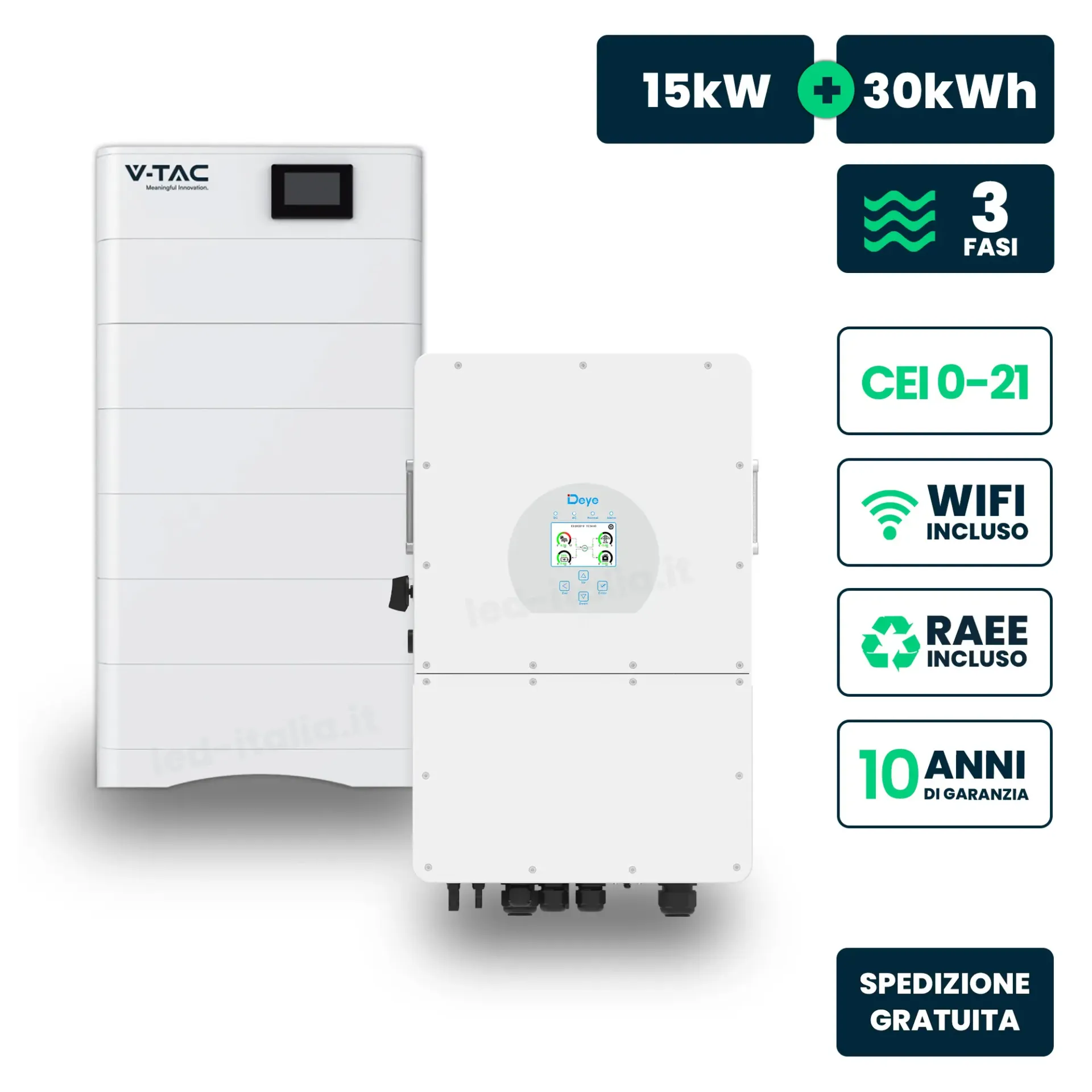 Kit Fotovoltaico Alta Tensione con Inverter Ibrido Trifase Deye 15kW e Accumulo LiFePO4 30.72kWh BMS TA WiFi Inclusi CEI 0-21, vista frontale dei componenti