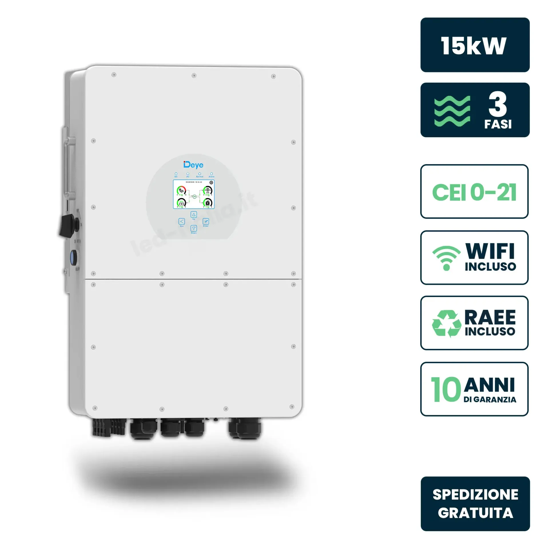 Inverter Fotovoltaico Alta Tensione Deye Trifase Ibrido On-Grid Off-Grid 15kW Doppio MPPT CEI 0-21 Schermo LCD Touch WiFi e TA Inclusi, vista frontale