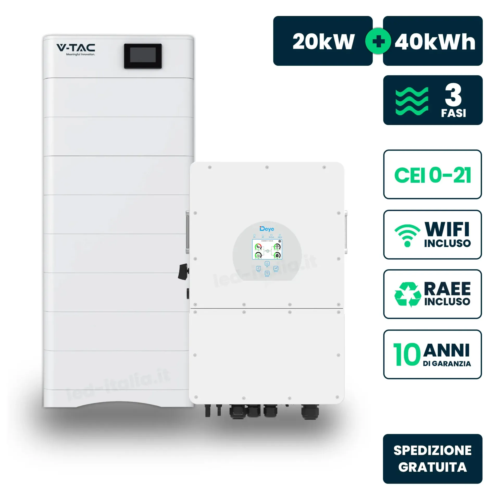 Kit Fotovoltaico Alta Tensione con Inverter Ibrido Trifase Deye 20kW e Accumulo LiFePO4 40.96kWh BMS TA WiFi Inclusi CEI 0-21, vista frontale generale