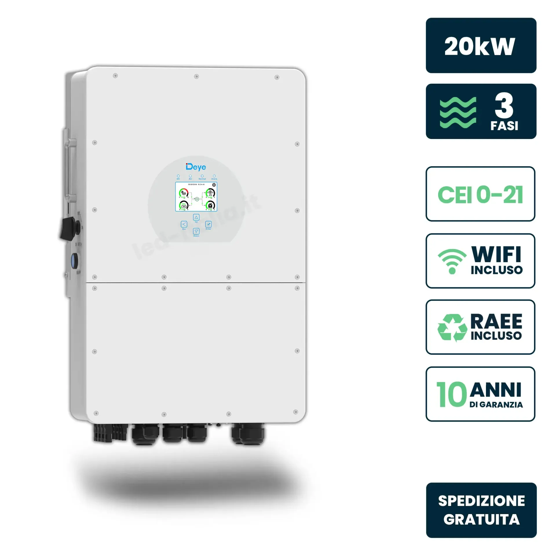 Inverter Fotovoltaico Alta Tensione Deye Trifase Ibrido On-Grid Off-Grid 20kW Doppio MPPT CEI 0-21 Schermo LCD Touch WiFi e TA Inclusi, vista frontale angolata