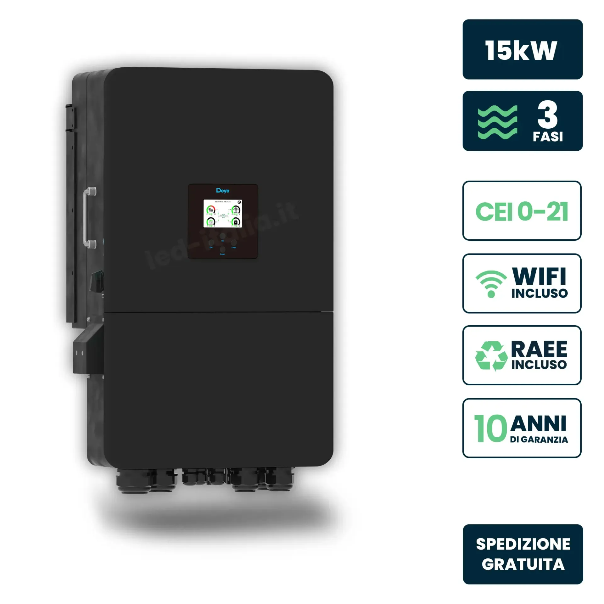 Inverter Fotovoltaico Deye Trifase Ibrido OnGrid-OffGrid 15kW CEI 021 Doppio MPPT Schermo LCD Touch WiFi e TA Inclusi Colore Nero, vista generale