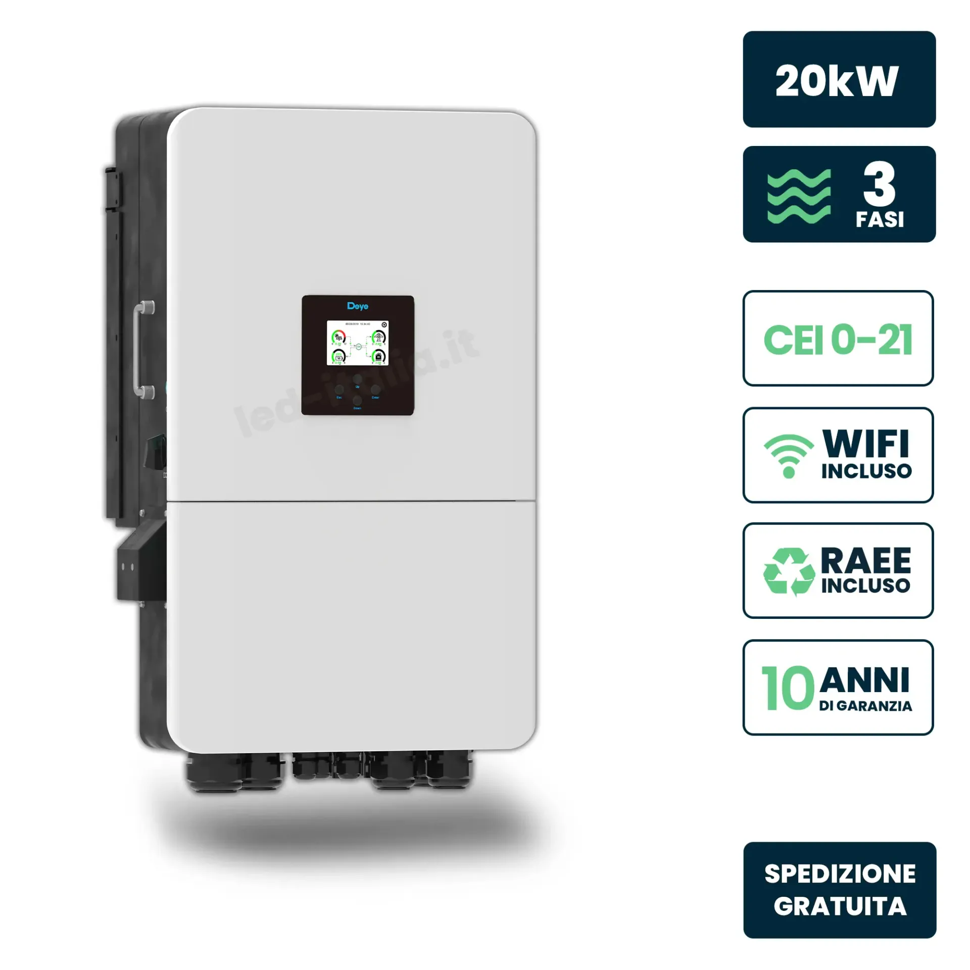 Inverter Fotovoltaico Deye Trifase Ibrido OnGrid-OffGrid 20kW Doppio MPPT CEI 021 Schermo LCD Touch WiFi e TA Inclusi, vista frontale