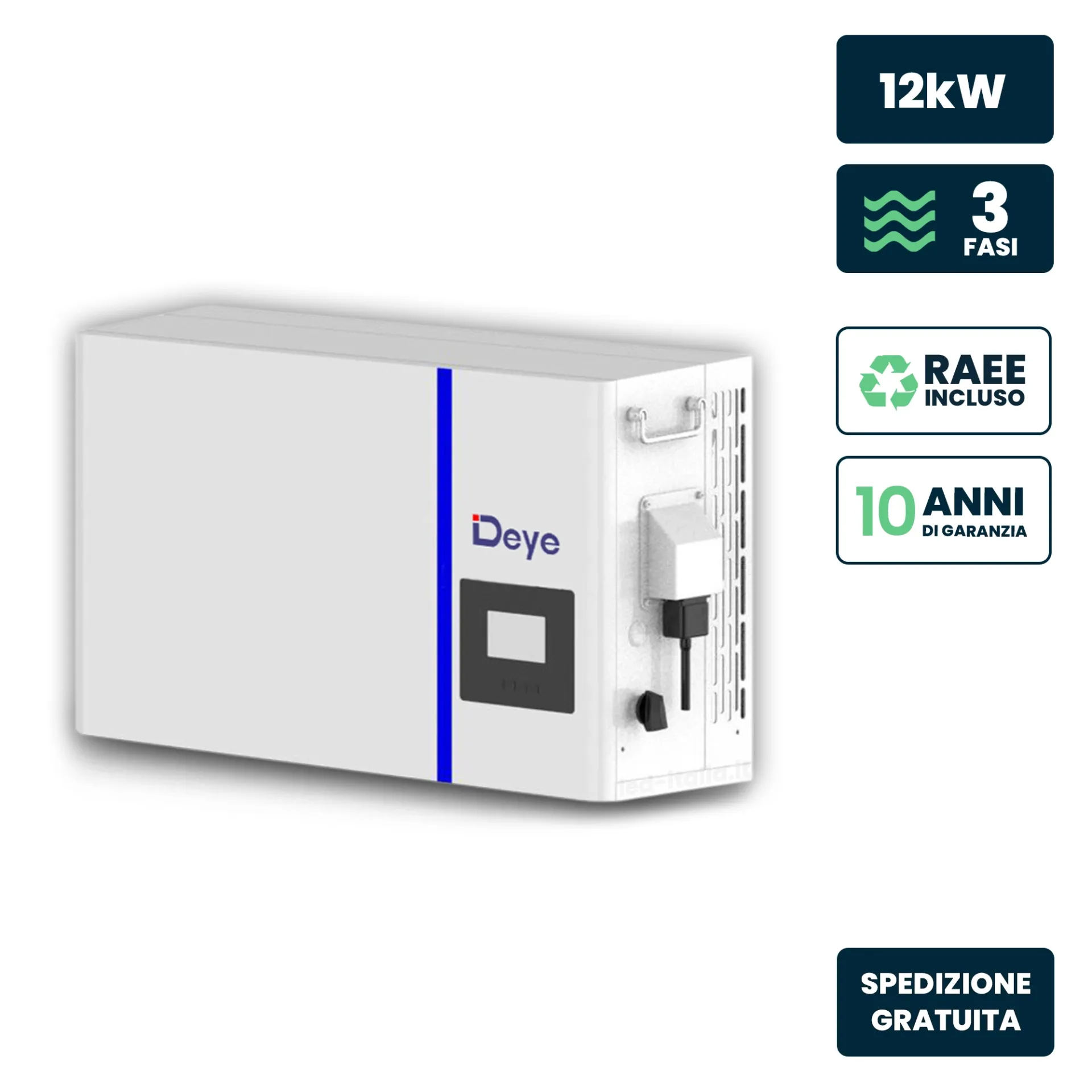 Inverter Fotovoltaico Deye Trifase Ibrido per Kit All-In-One Bassa Tensione LV 12kW On Grid/Off Grid CEI 0-21, vista angolata frontale