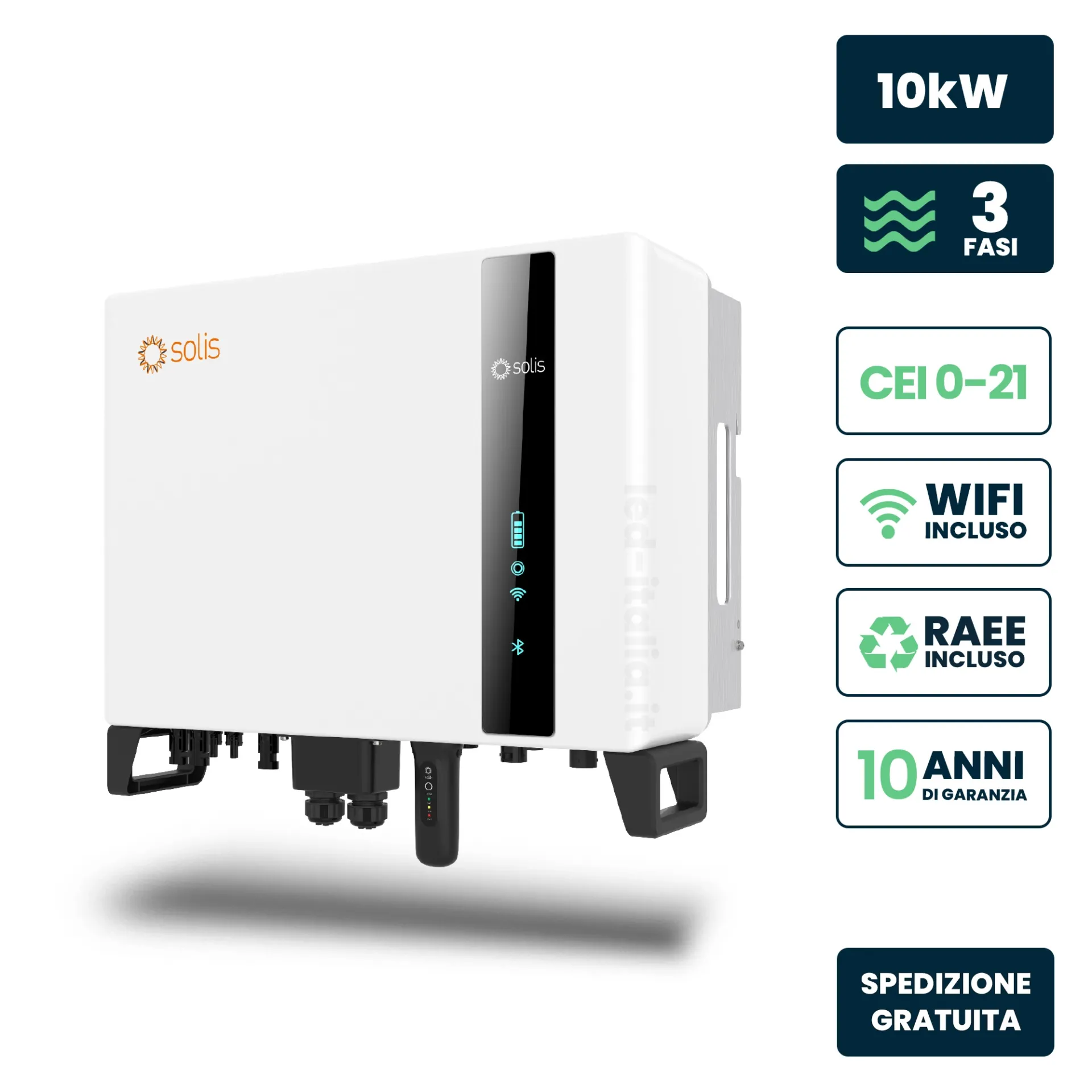 Inverter Fotovoltaico Alta Tensione Solis Trifase Ibrido On-Grid/Off-Grid 10kW, Doppio MPPT, CEI 0-21, Schermo LCD, WiFi Meter e TA Inclusi,, vista frontale angolata