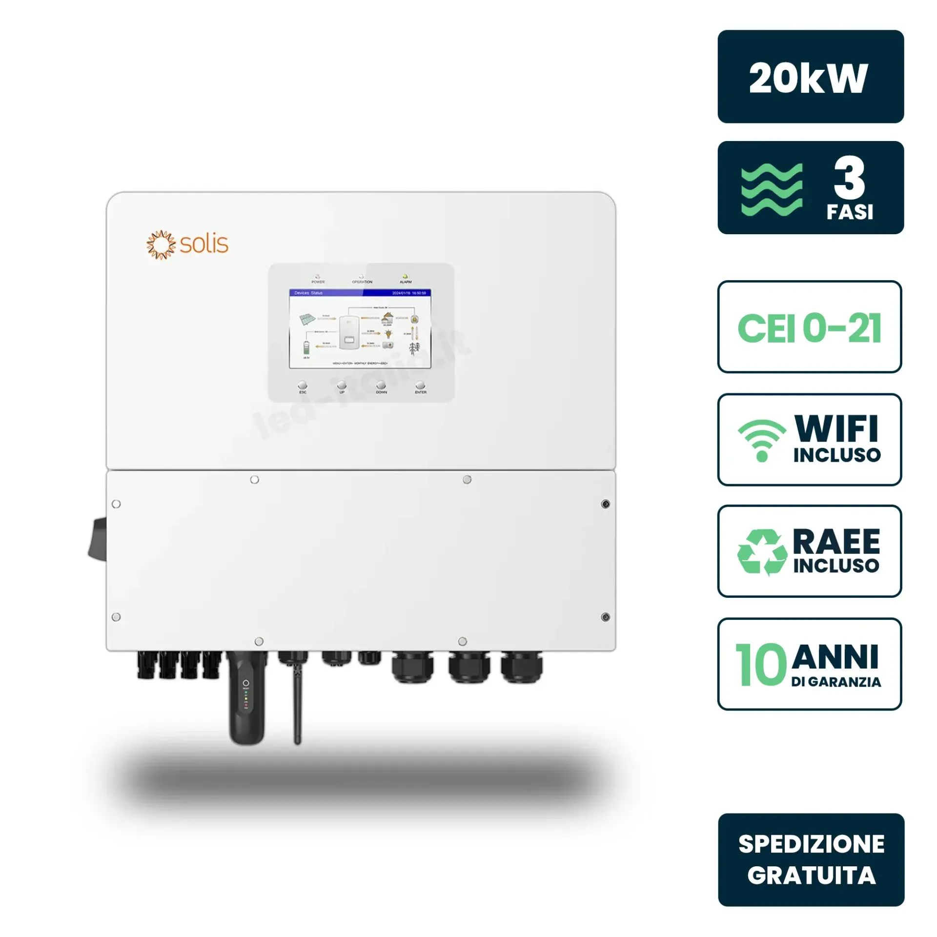 Inverter Fotovoltaico Alta Tensione Solis Trifase Ibrido OnGrid-OffGrid 20kW Quadruplo MPPT CEI 021 Schermo LCD Meter e TA Inclusi, vista frontale